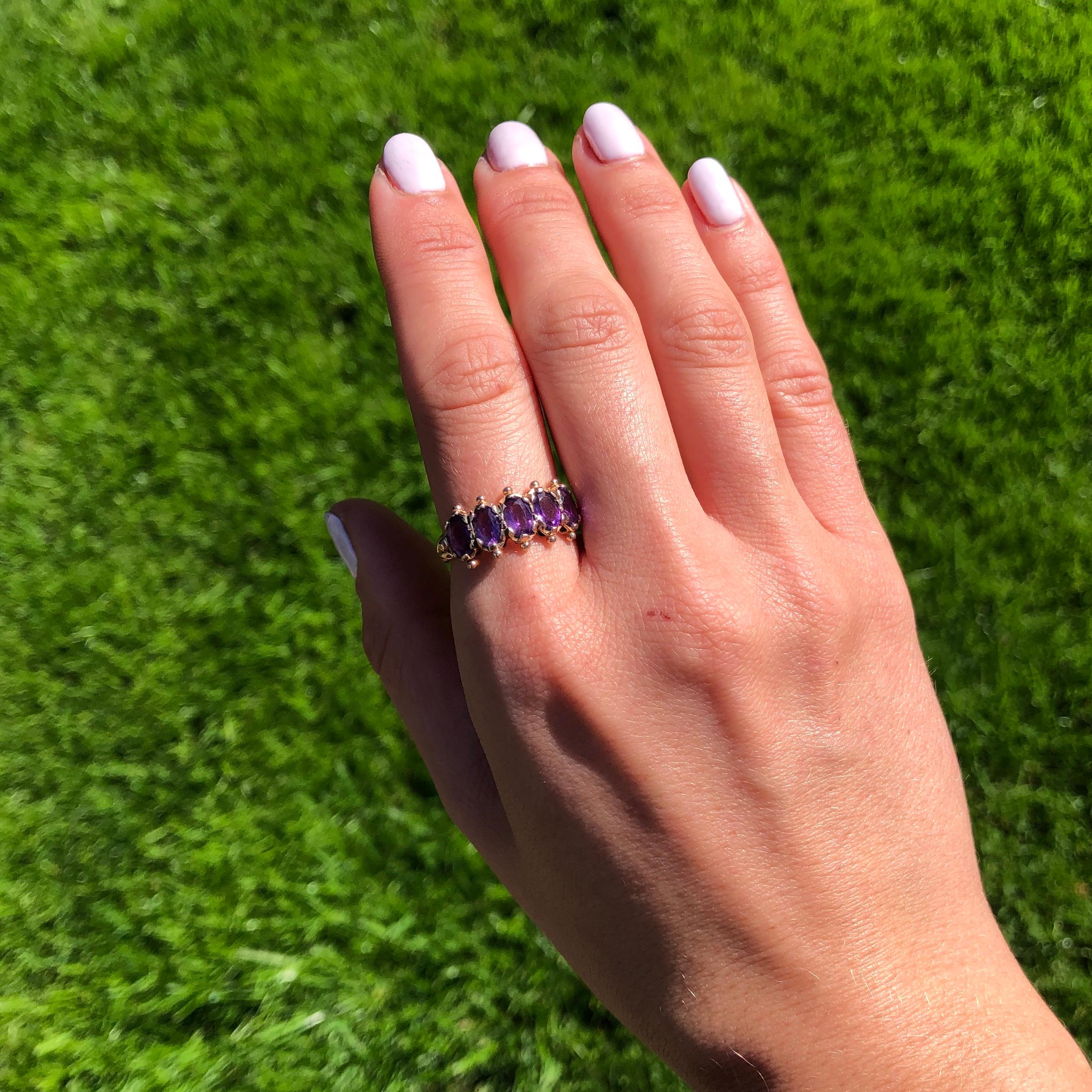 Oval Cut Edwardian Amethyst and 9 Carat Gold Five-Stone Ring