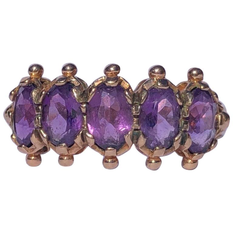 Edwardian Amethyst and 9 Carat Gold Five-Stone Ring