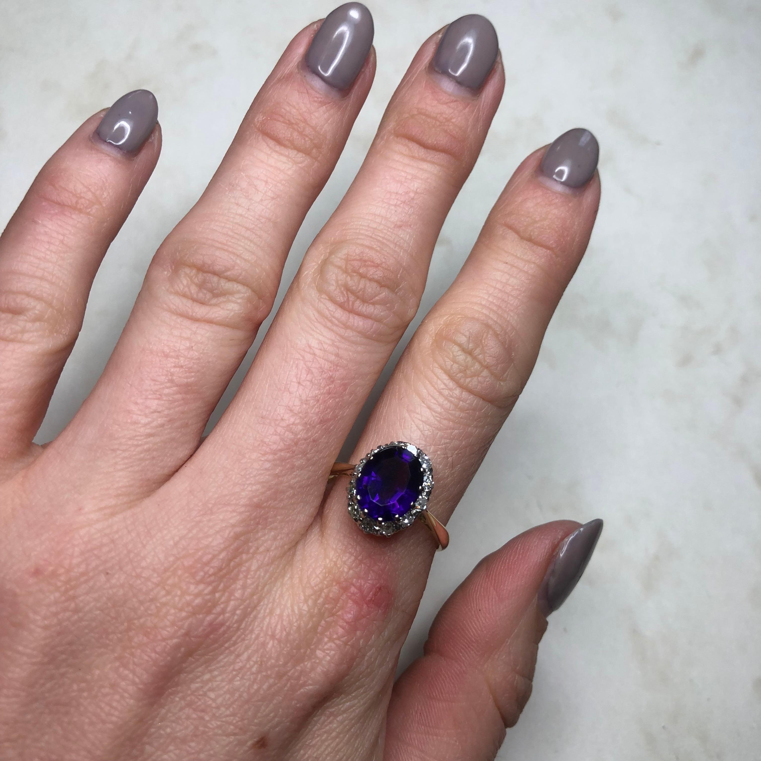 Edwardian Amethyst and Diamond 18 Carat Gold Cluster Ring 2