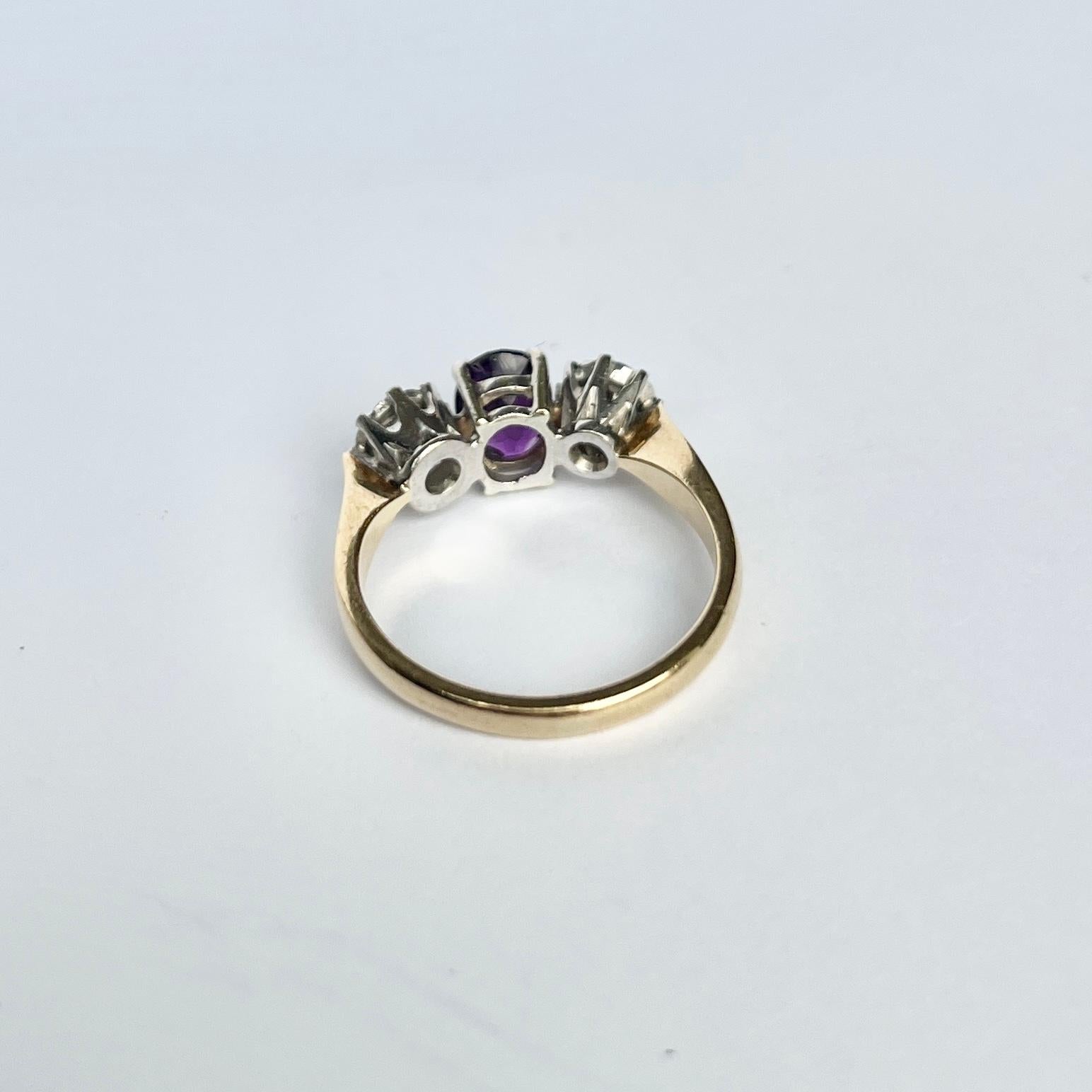 Oval Cut Edwardian Amethyst and Diamond 18 Carat Gold Three-Stone Ring