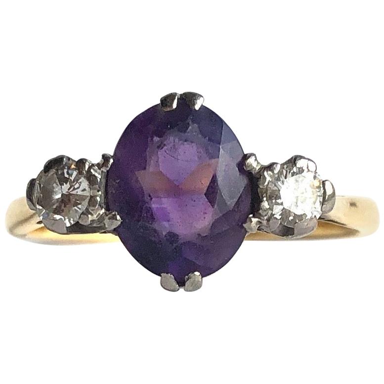 Edwardian Amethyst and Diamond 18 Carat Gold Three-Stone Ring