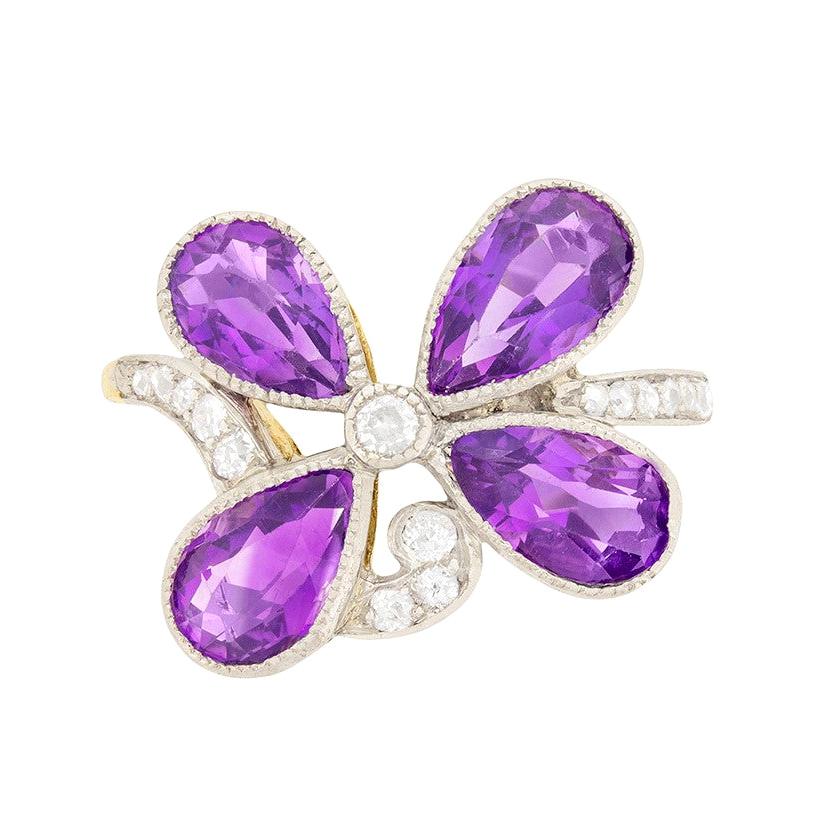 Edwardian Amethyst and Diamond Flower Ring, circa 1910 For Sale