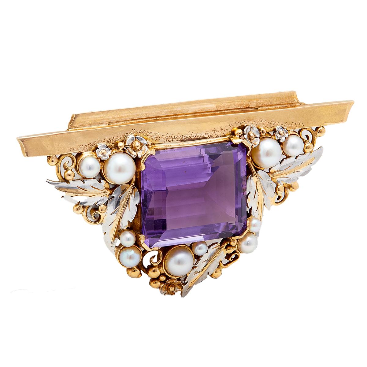 Women's or Men's Edwardian Amethyst and Pearl 14k Yellow Gold Brooch