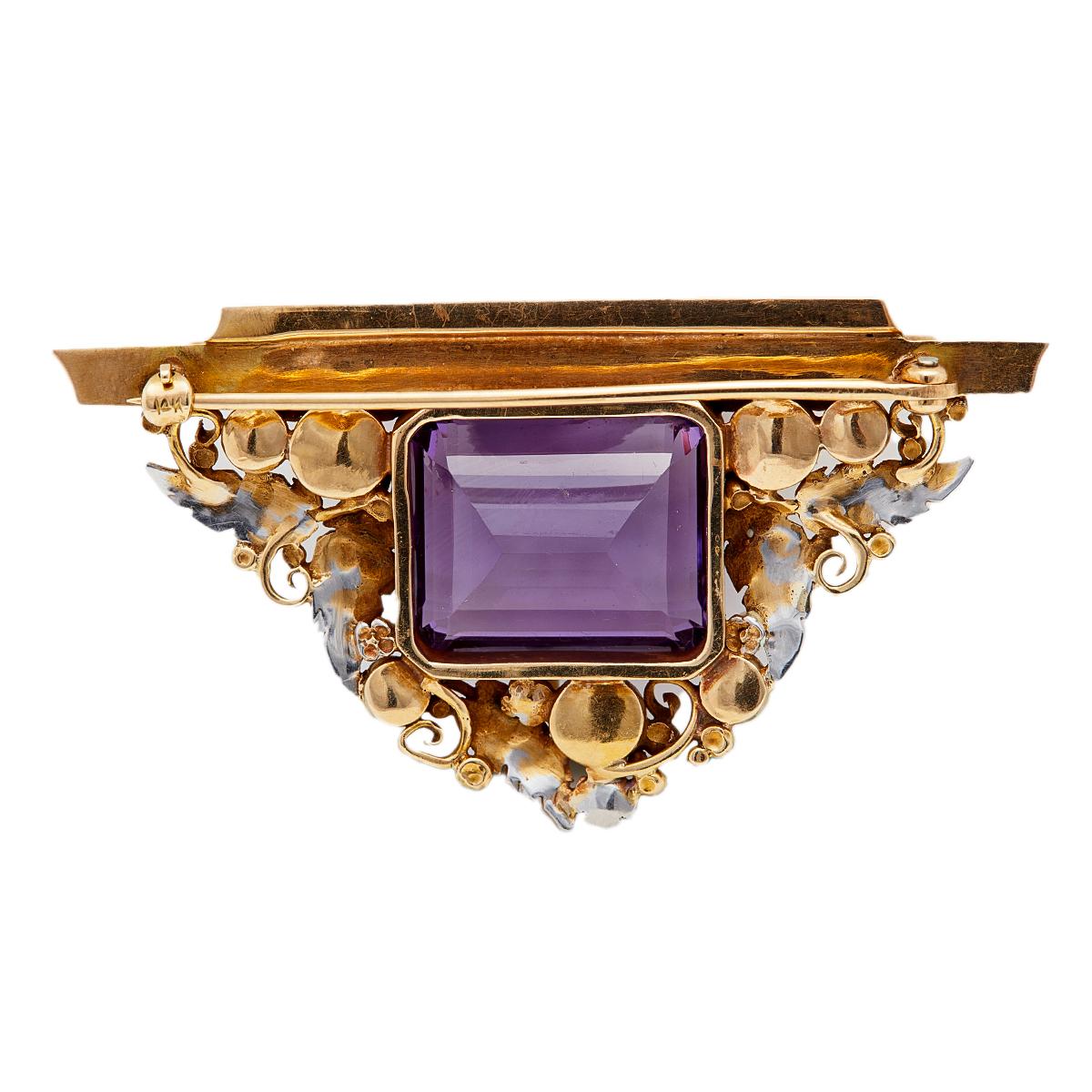 Edwardian Amethyst and Pearl 14k Yellow Gold Brooch 1