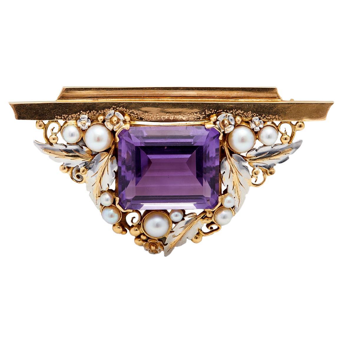 Edwardian Amethyst and Pearl 14k Yellow Gold Brooch