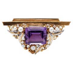 Edwardian Amethyst and Pearl 14k Yellow Gold Brooch