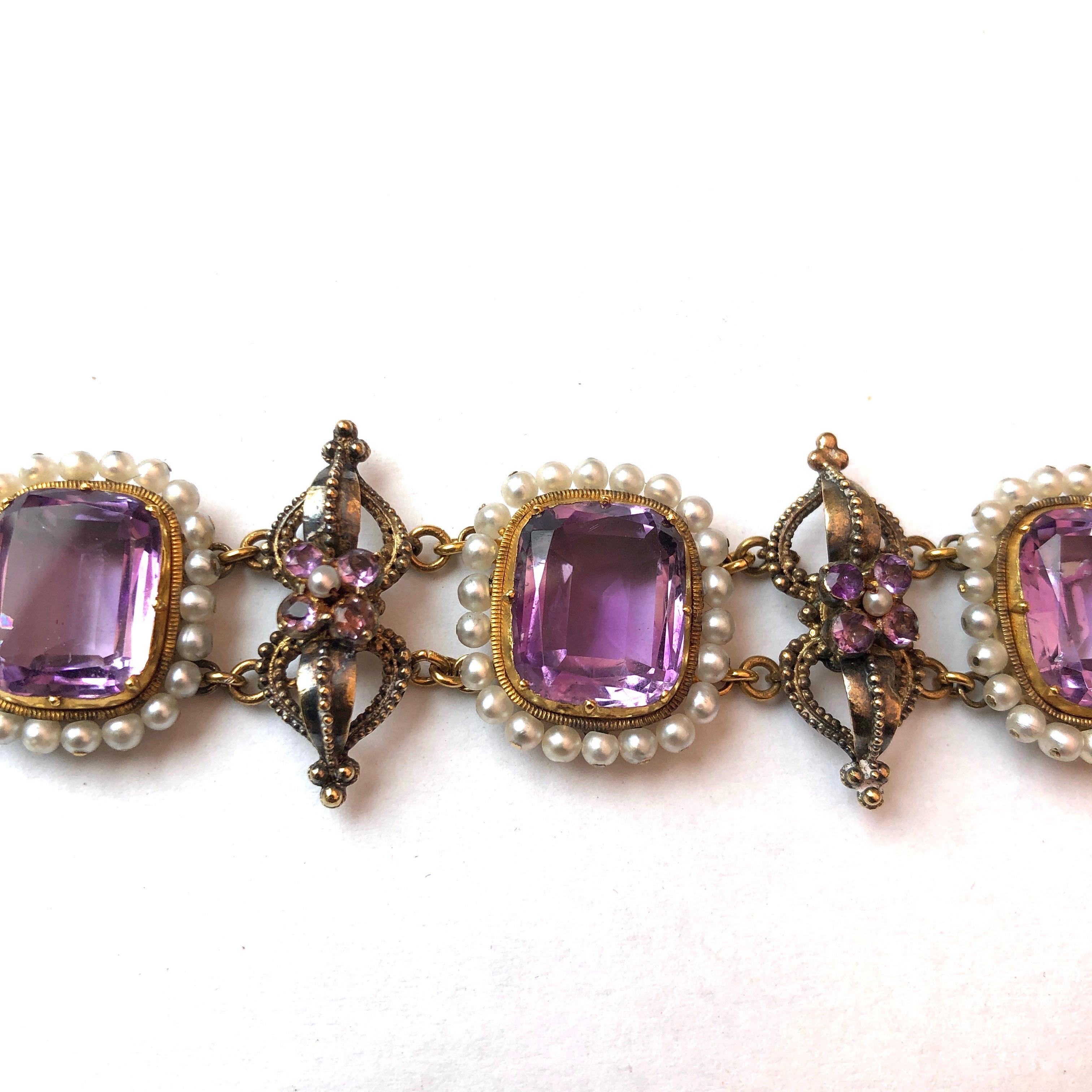 Edwardian Amethyst and Pearl 18 Carat Gold Bracelet In Good Condition In Chipping Campden, GB