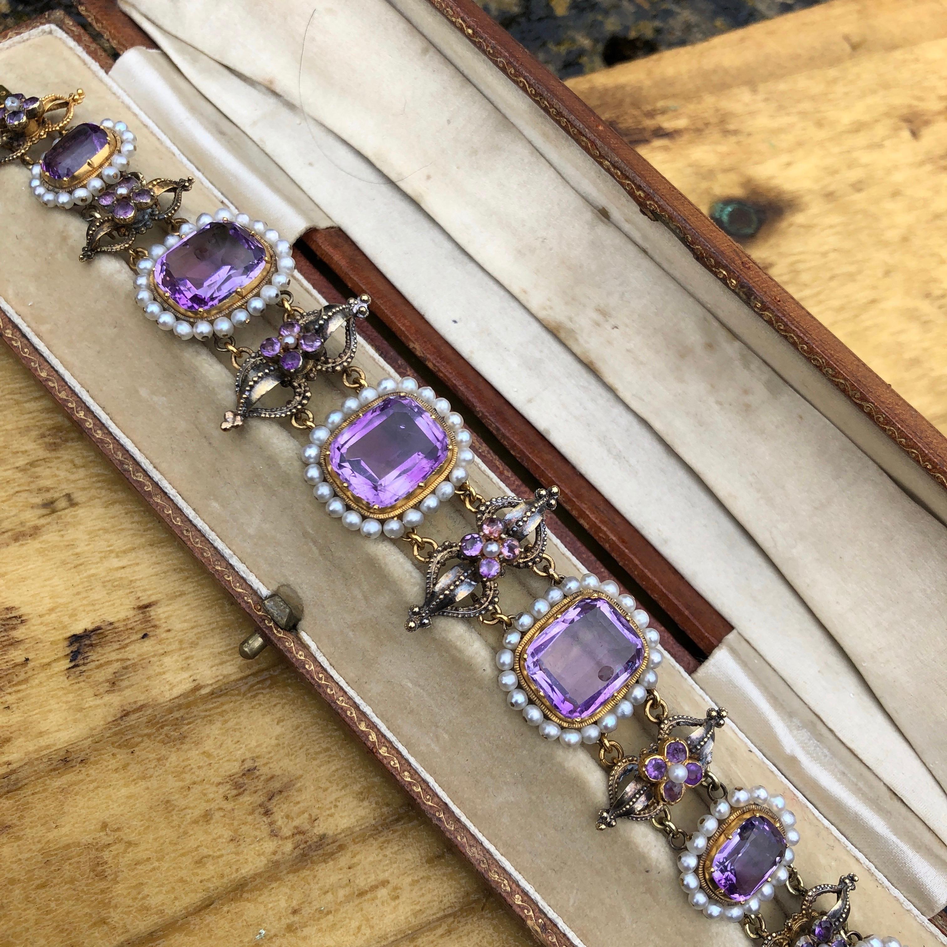 Edwardian Amethyst and Pearl 18 Carat Gold Bracelet 1