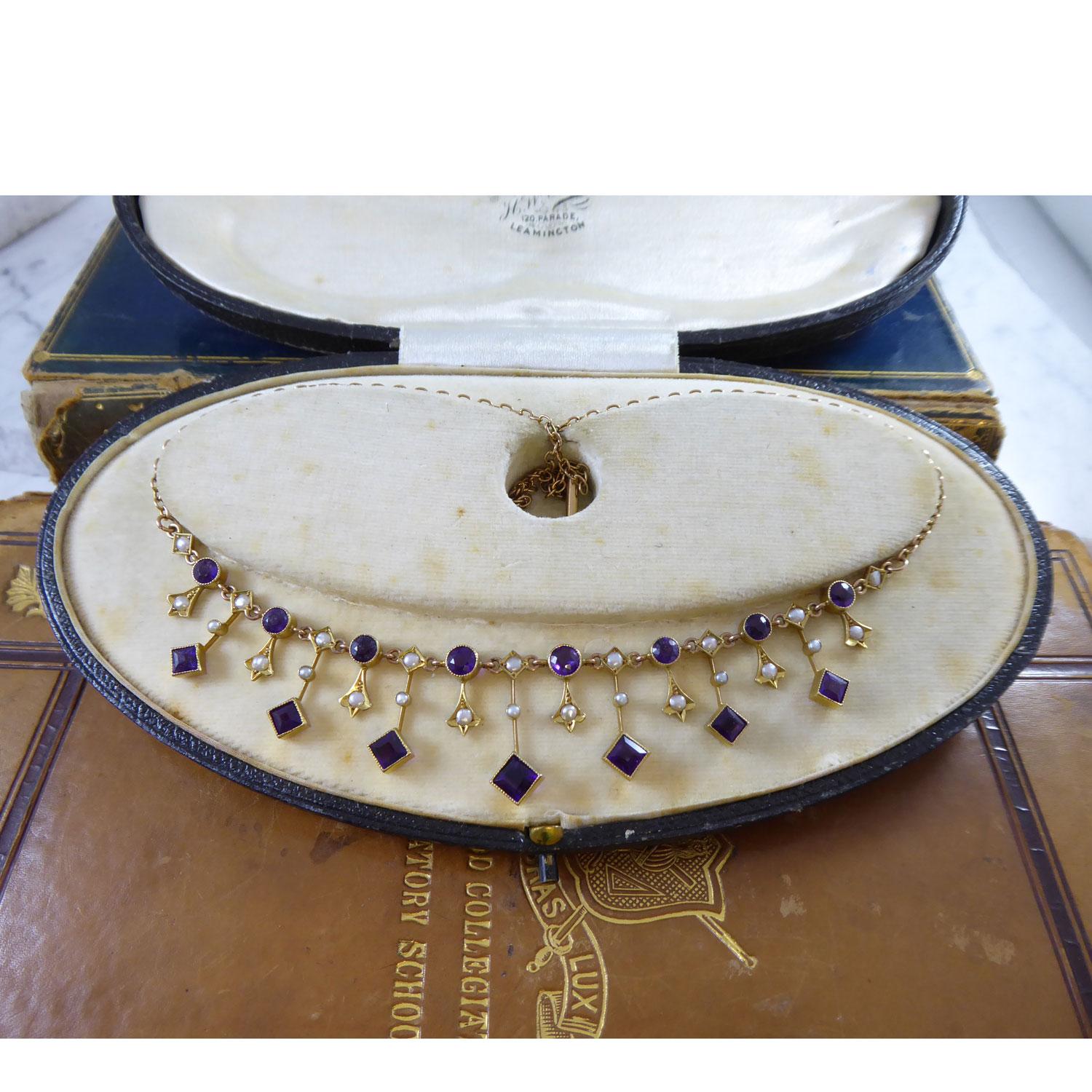 Square Cut Edwardian Amethyst and Pearl Necklace in Yellow Gold