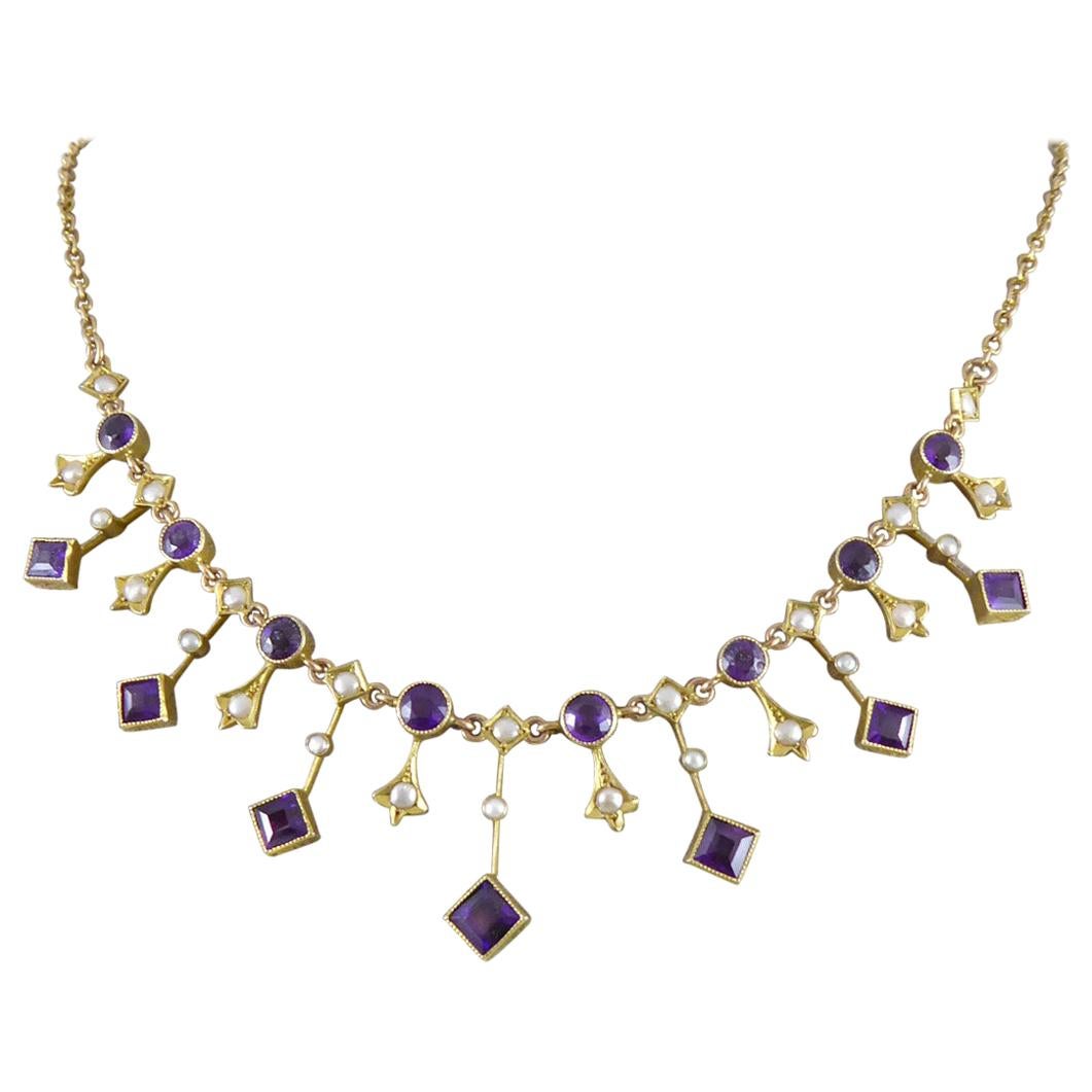 Edwardian Amethyst and Pearl Necklace in Yellow Gold