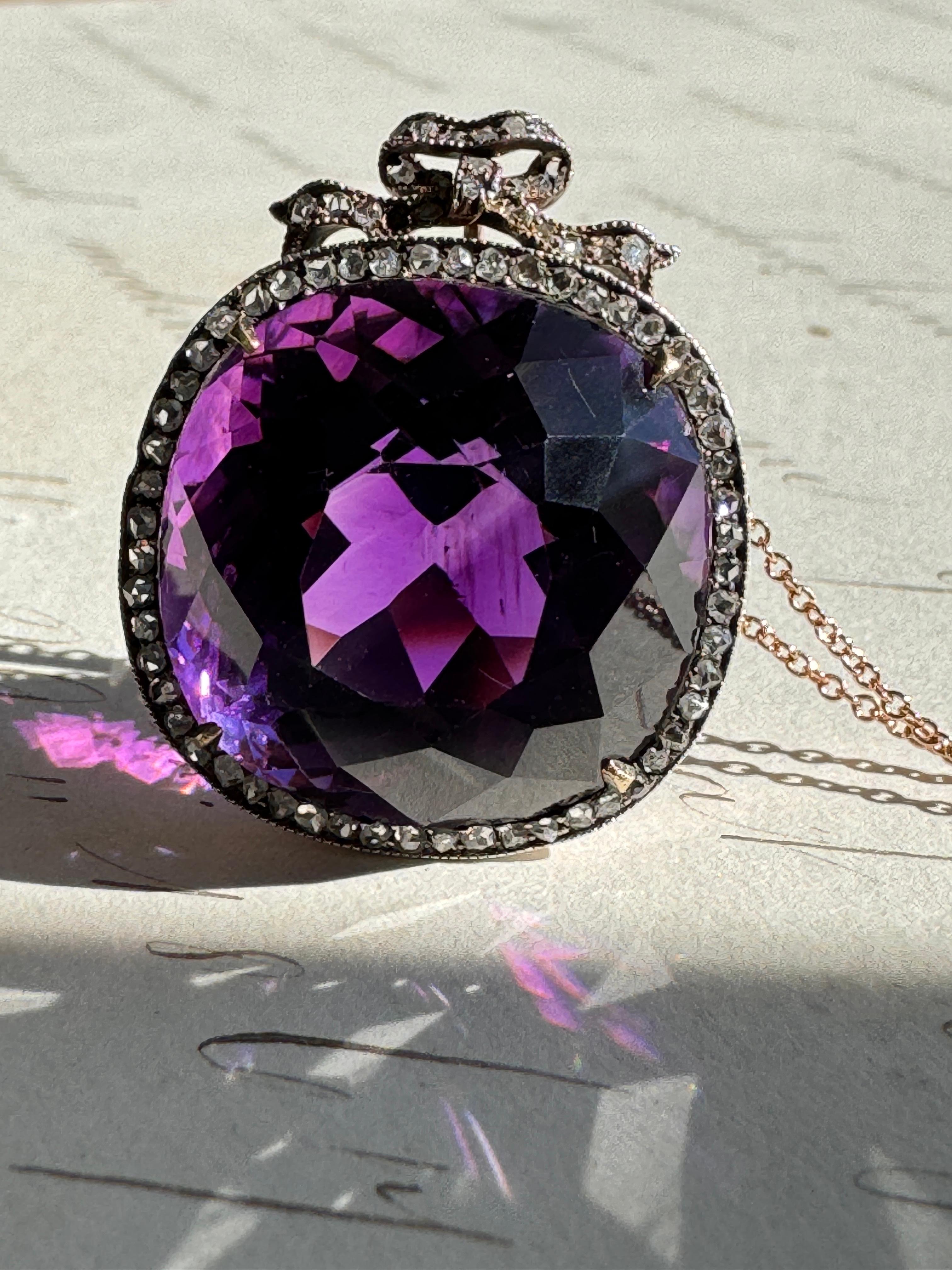 Antique Cushion Cut Edwardian Amethyst and Rose Cut Diamond Conversion Necklace For Sale