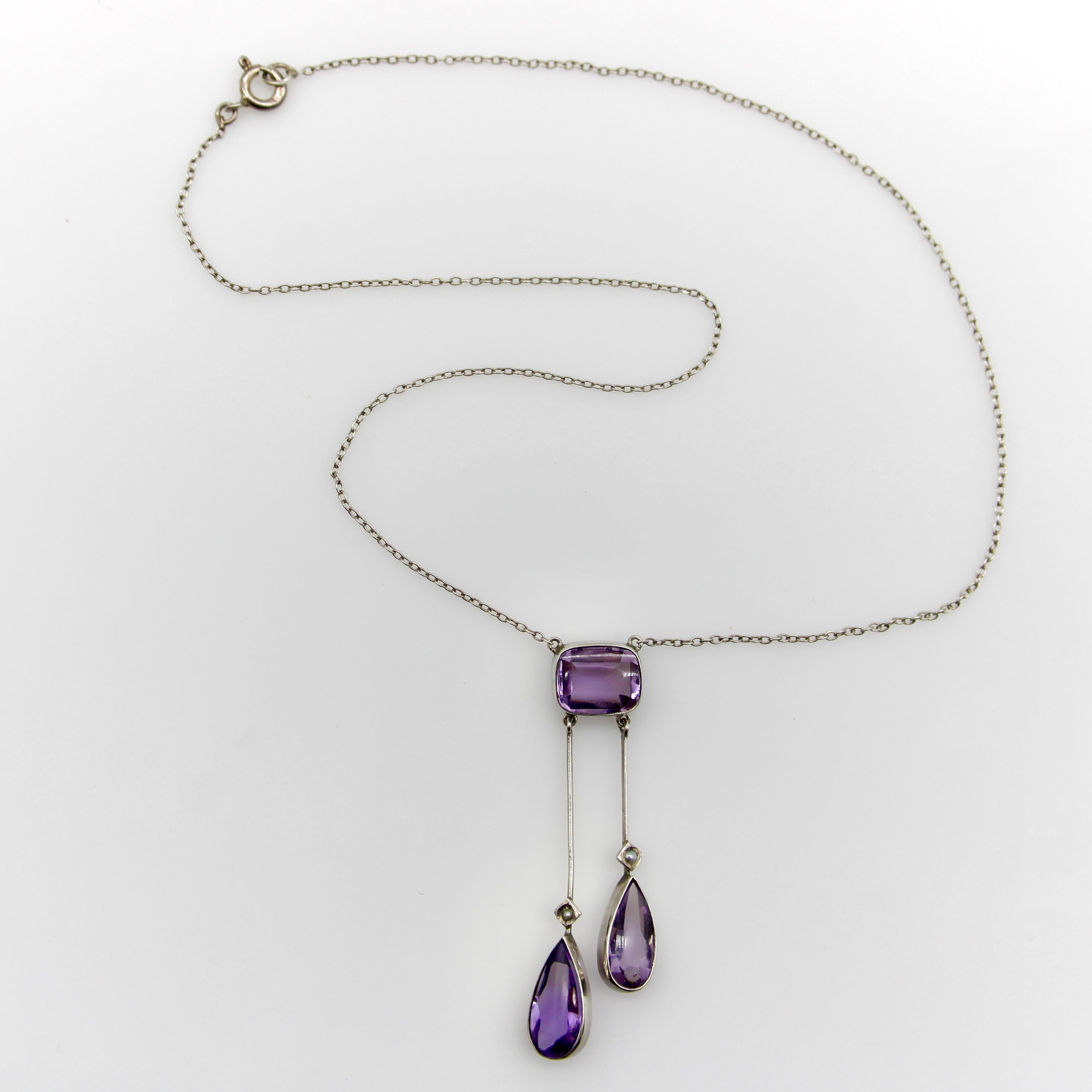 Cabochon Edwardian Amethyst and Seed Pearl Sterling Silver Negligee Necklace For Sale