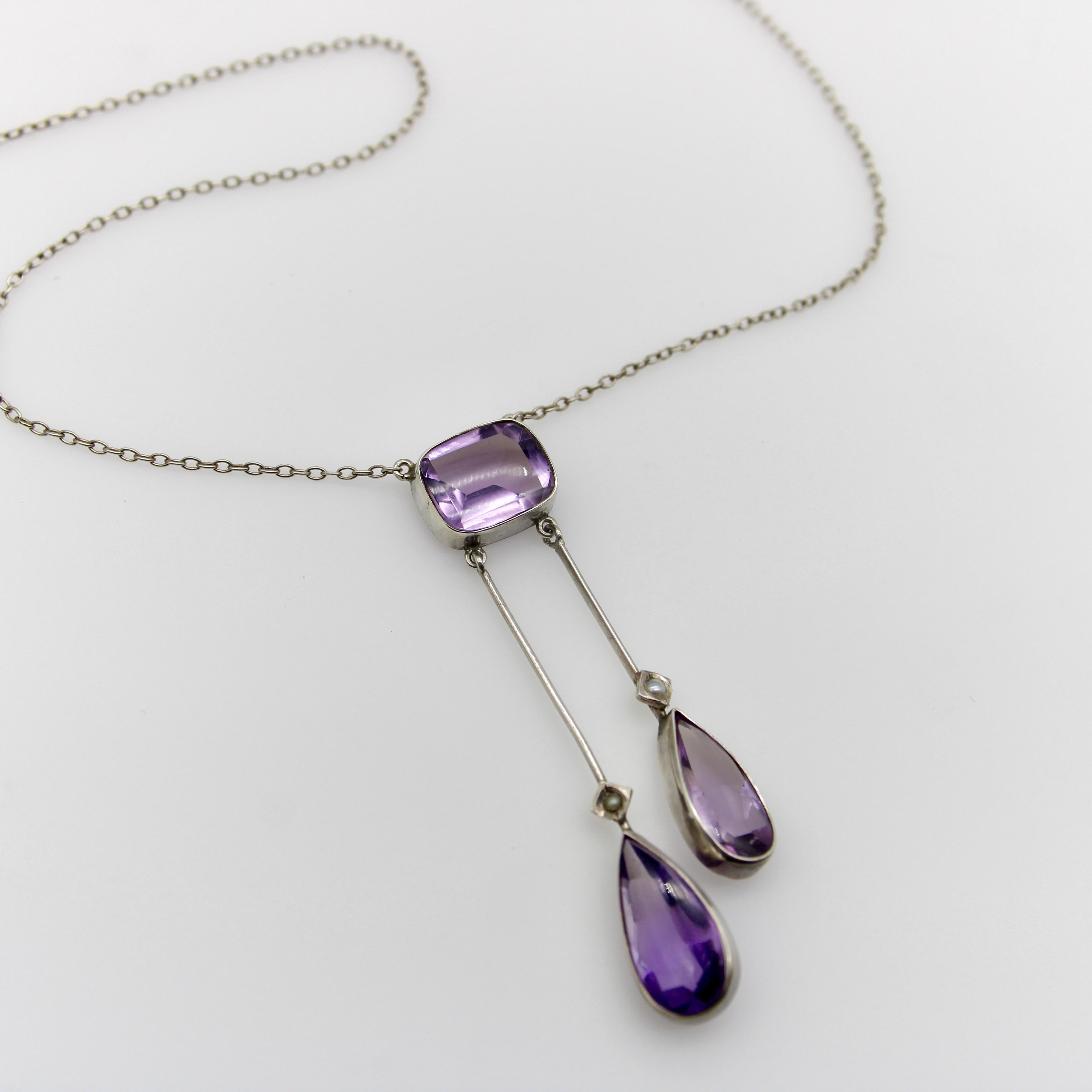 Edwardian Amethyst and Seed Pearl Sterling Silver Negligee Necklace In Good Condition For Sale In Venice, CA