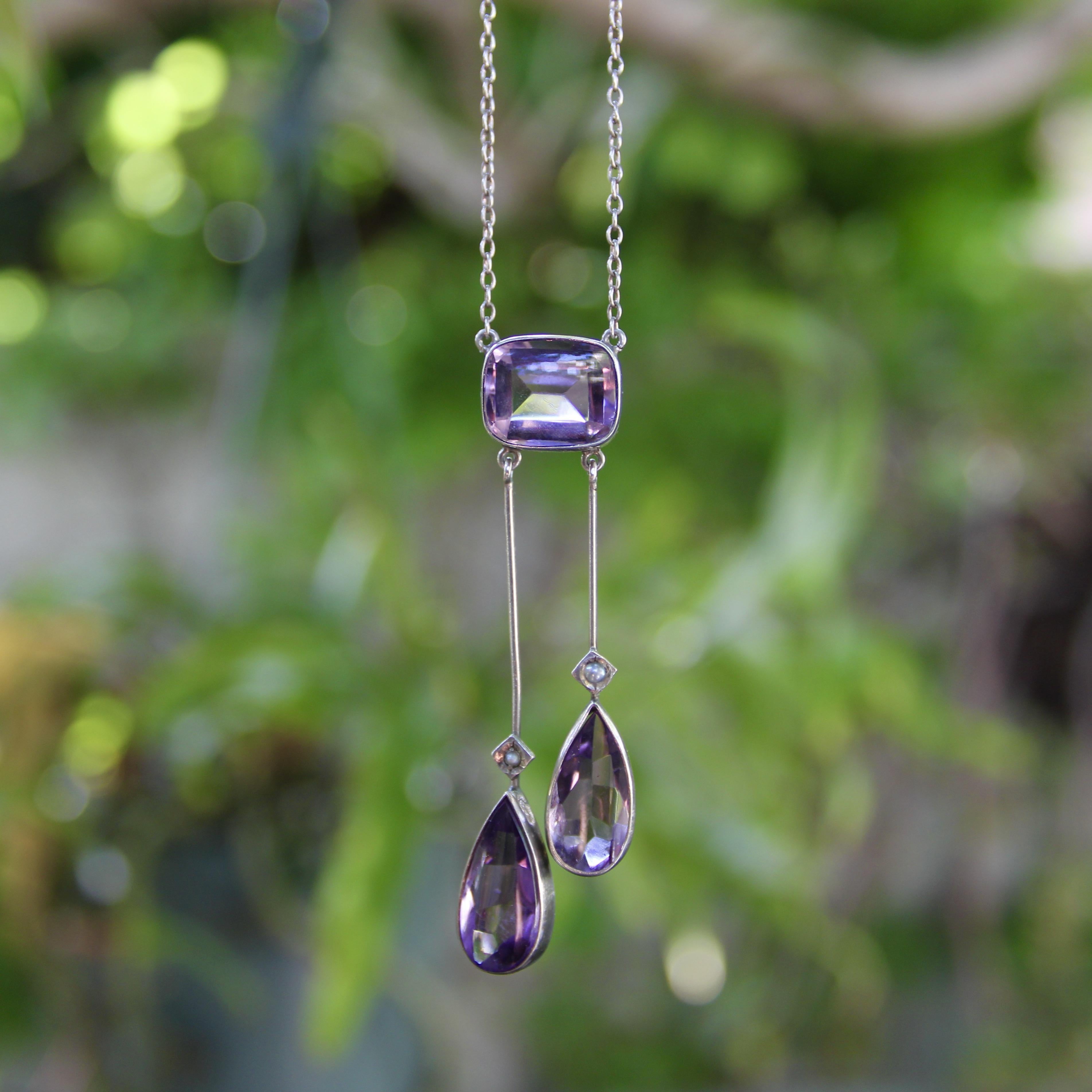 Edwardian Amethyst and Seed Pearl Sterling Silver Negligee Necklace For Sale 1