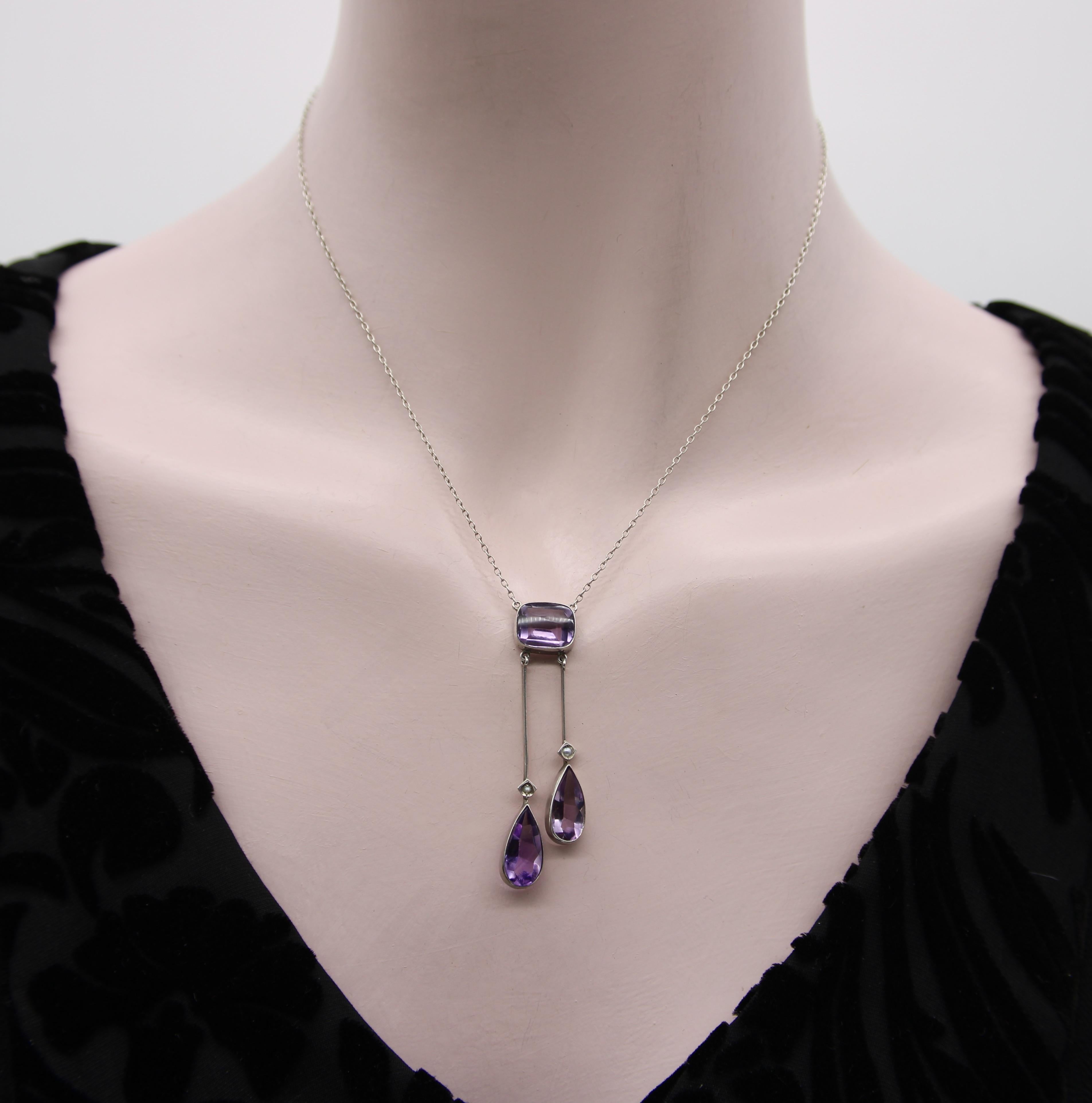 Edwardian Amethyst and Seed Pearl Sterling Silver Negligee Necklace For Sale 2