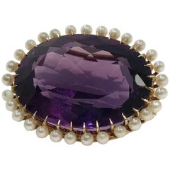 Edwardian Amethyst and Seed Pearls Gold Brooch, 22.97 Carats