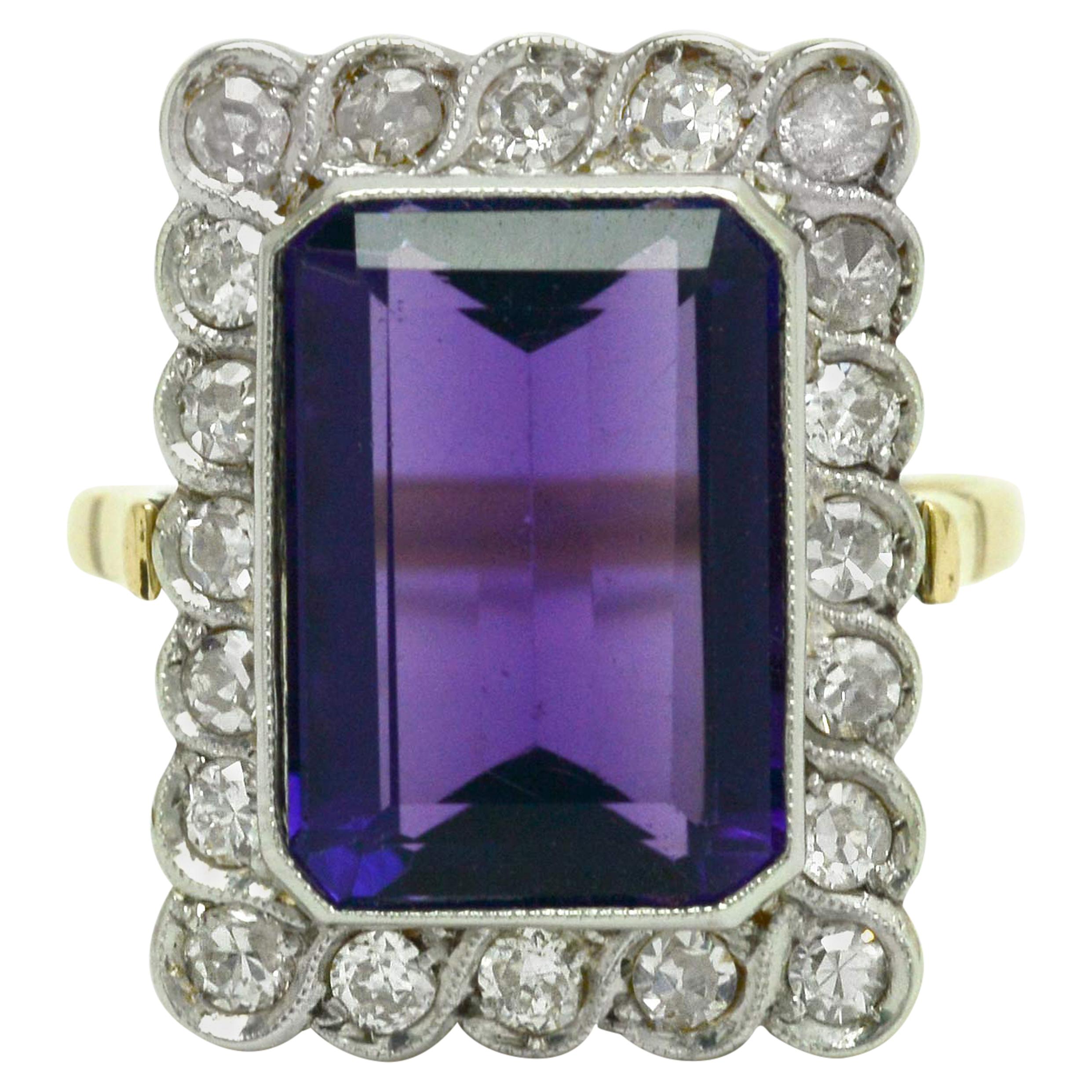 Edwardian Amethyst Diamond Engagement Ring Emerald Cut 6.50 Carat Cocktail Halo