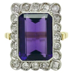 Antique Edwardian Amethyst Diamond Engagement Ring Emerald Cut 6.50 Carat Cocktail Halo