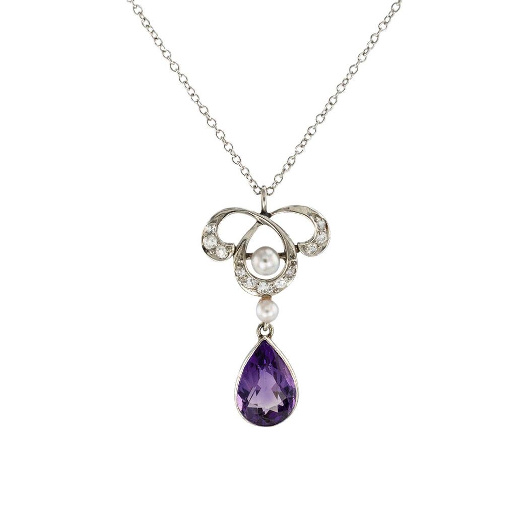 Edwardian amethyst diamond pearl platinum and gold pendant necklace circa 1910.  Clear and concise information you want to know is listed below.  Contact us right away if you have additional questions.  We are here to connect you with beautiful and