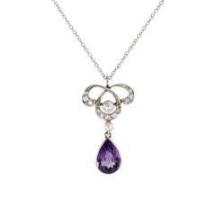 Edwardian Amethyst Diamond Pearl Platinum Gold Pendant Necklace
