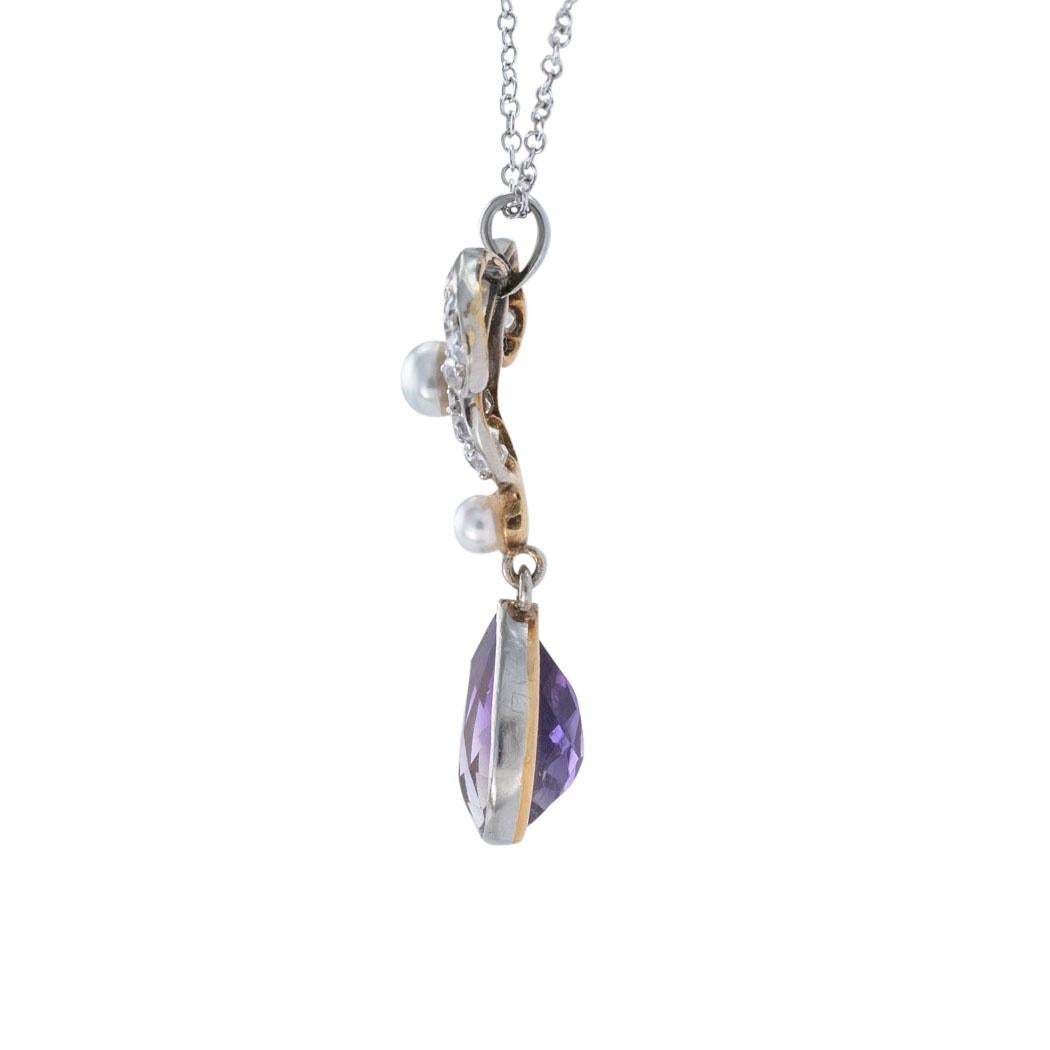 Edwardian Amethyst Diamond Pearl Platinum Gold Pendant Necklace In Good Condition In Los Angeles, CA