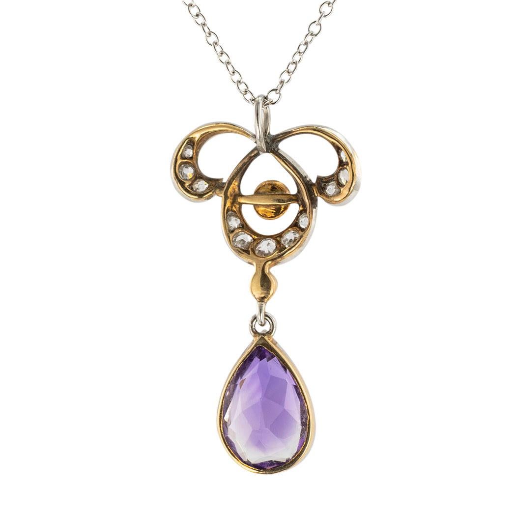 Women's or Men's Edwardian Amethyst Diamond Pearl Platinum Gold Pendant Necklace