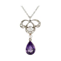 Edwardian Amethyst Diamond Pearl Platinum Gold Pendant Necklace