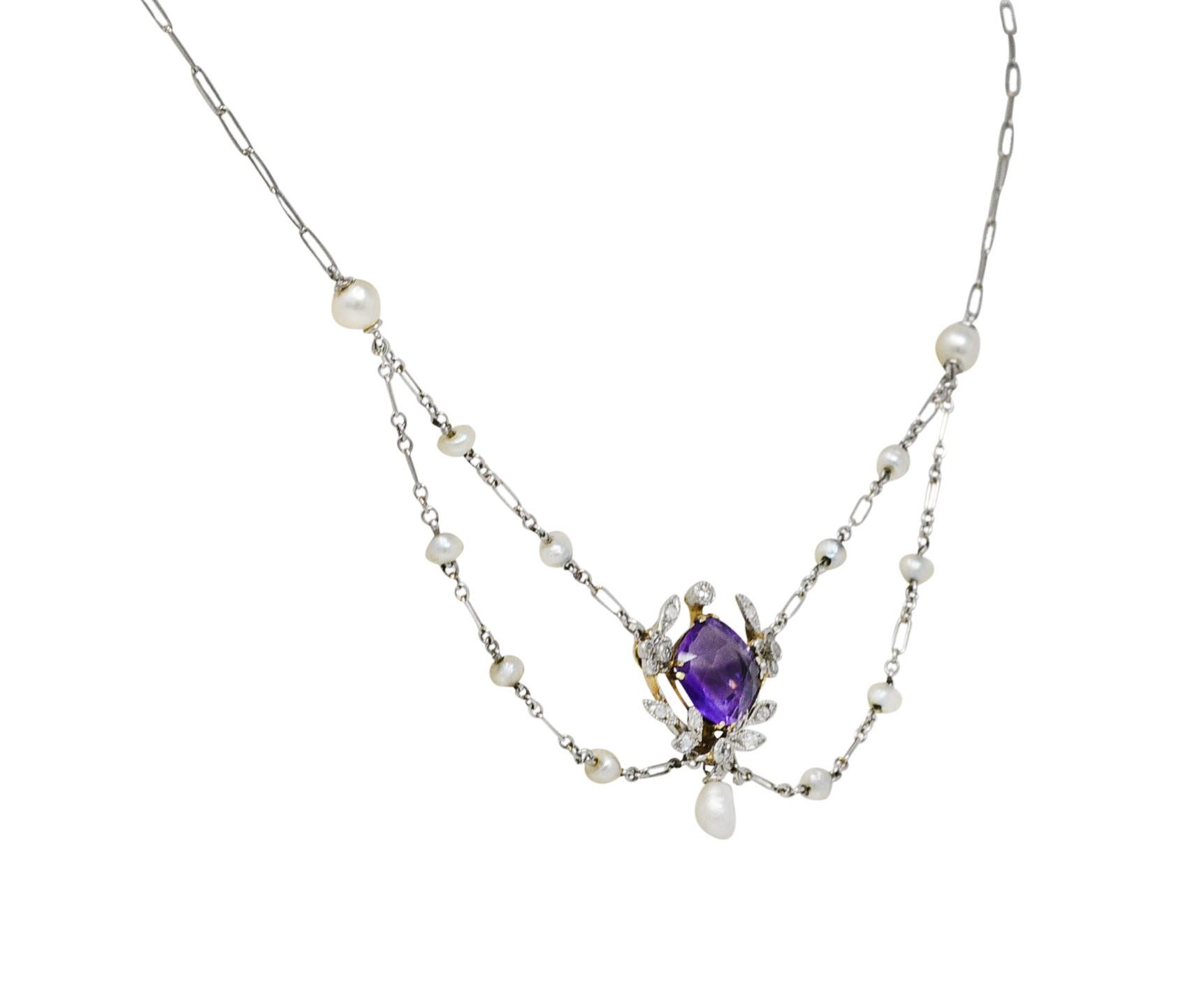 Cushion Cut Edwardian Amethyst Diamond Pearl Platinum-Topped 18 Karat Gold Swag Necklace