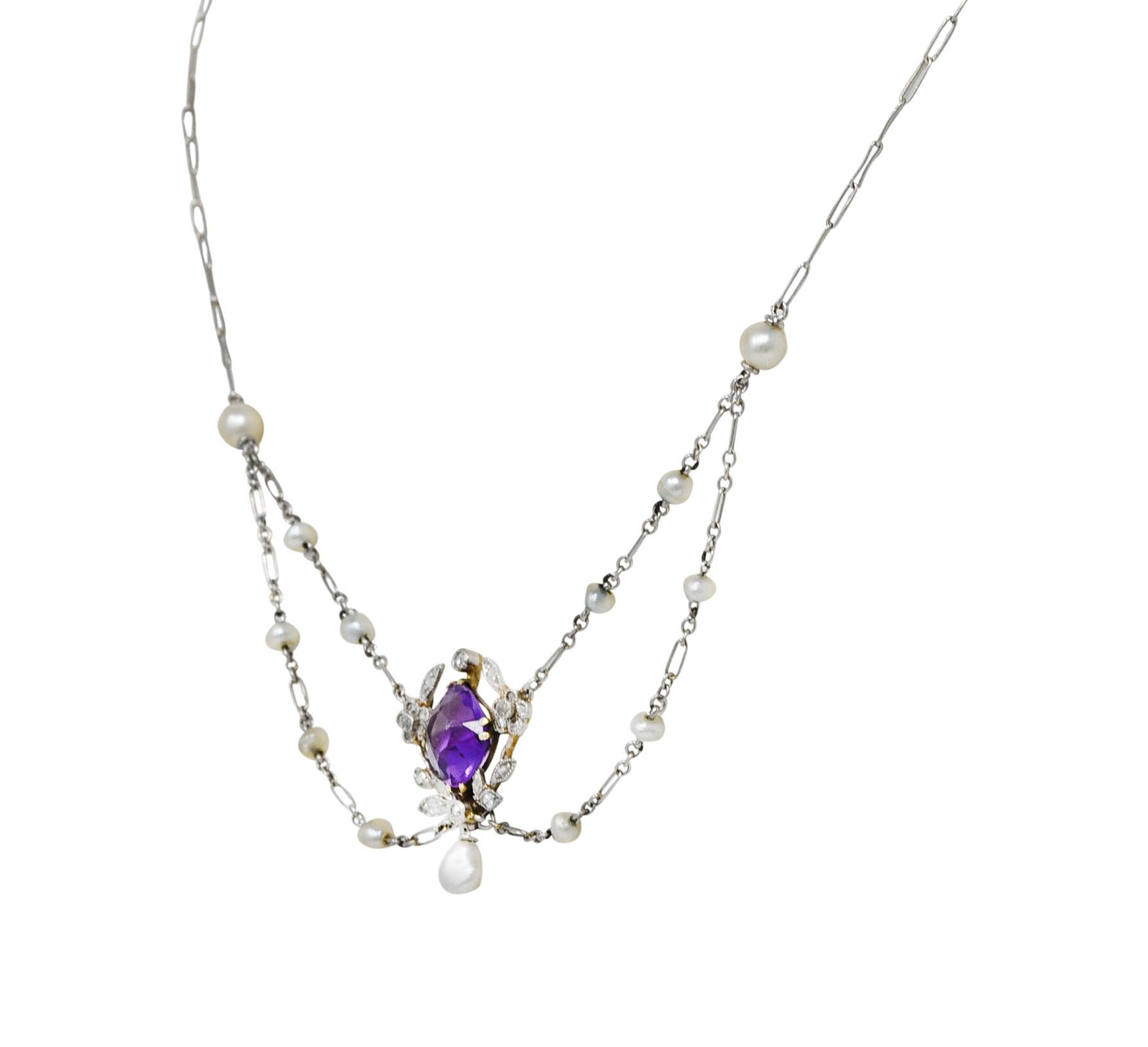 Women's or Men's Edwardian Amethyst Diamond Pearl Platinum-Topped 18 Karat Gold Swag Necklace