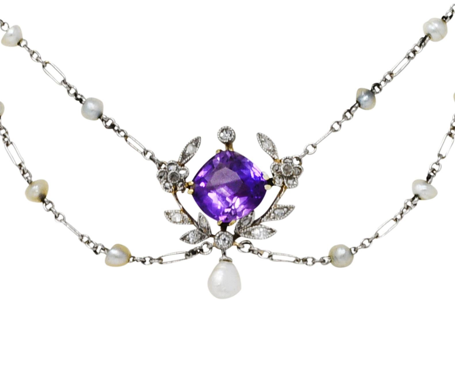 Edwardian Amethyst Diamond Pearl Platinum-Topped 18 Karat Gold Swag Necklace 3