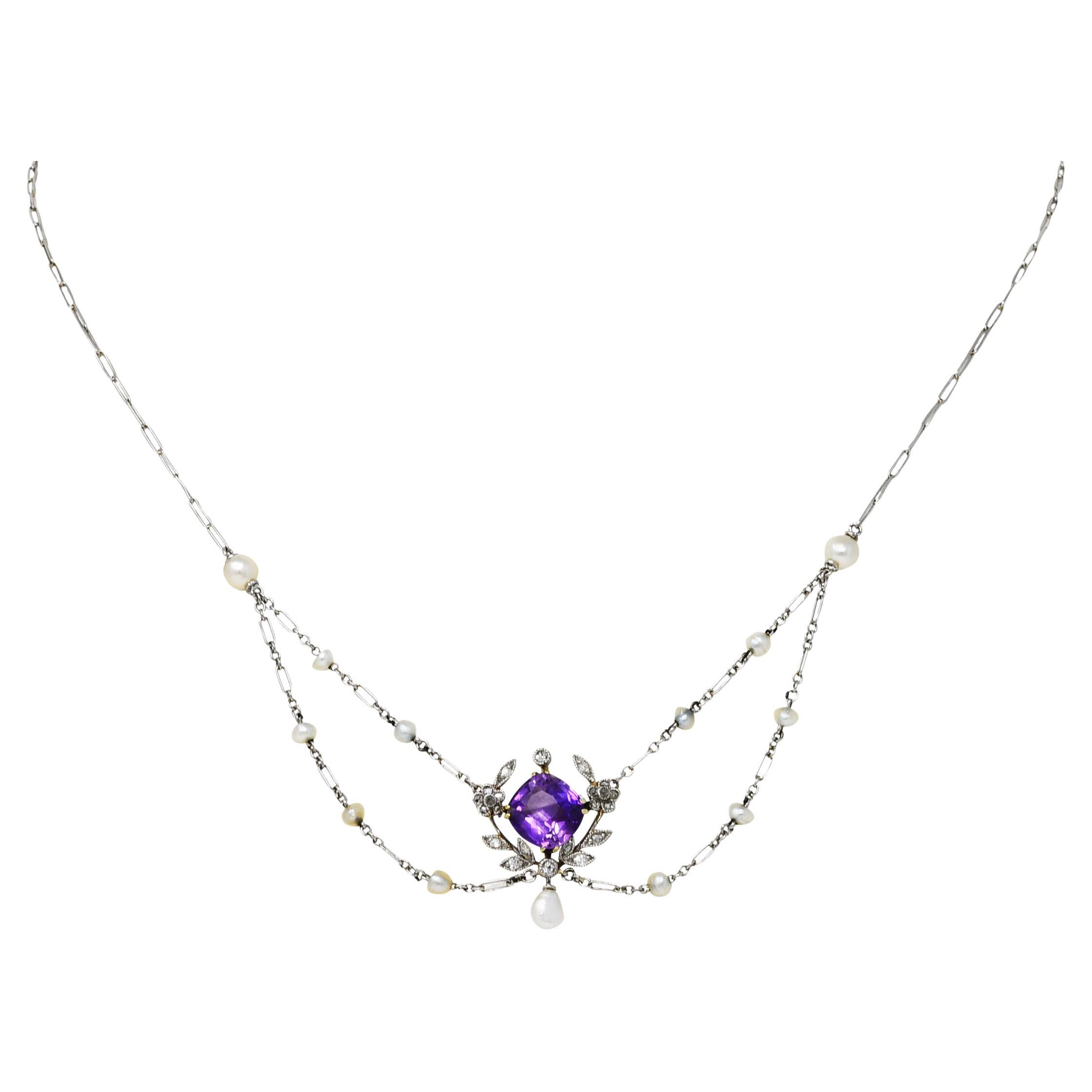 Edwardian Amethyst Diamond Pearl Platinum-Topped 18 Karat Gold Swag Necklace