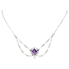 Edwardian Amethyst Diamond Pearl Platinum-Topped 18 Karat Gold Swag Necklace