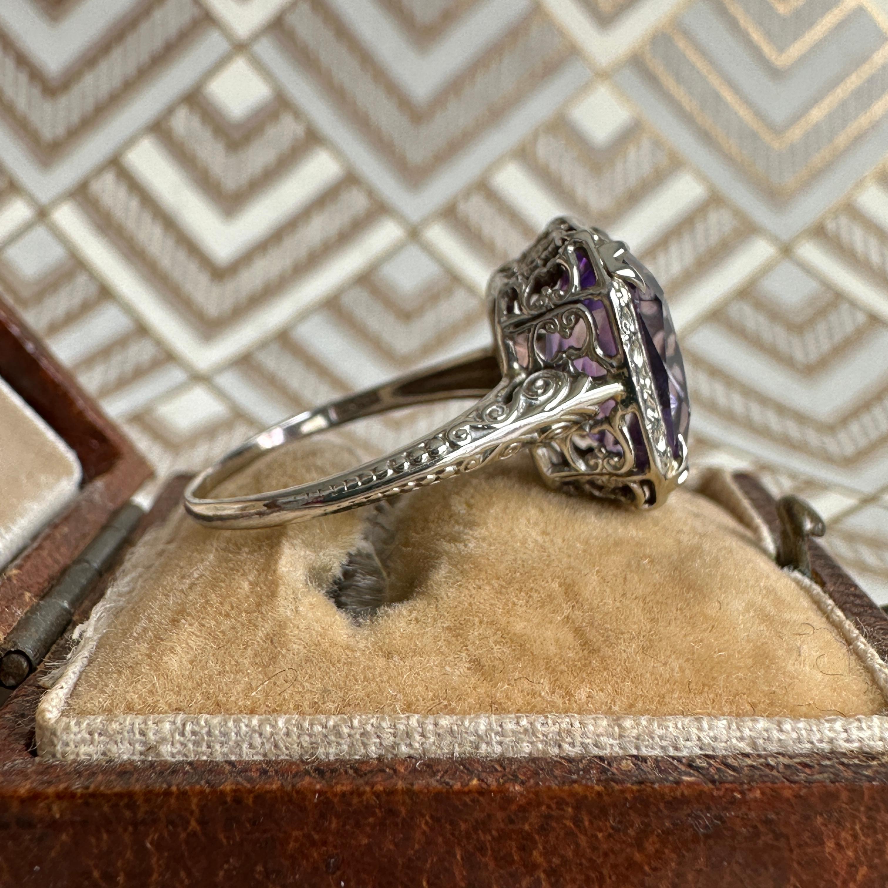 Edwardian Amethyst Filigree 14K White Gold Ring 6