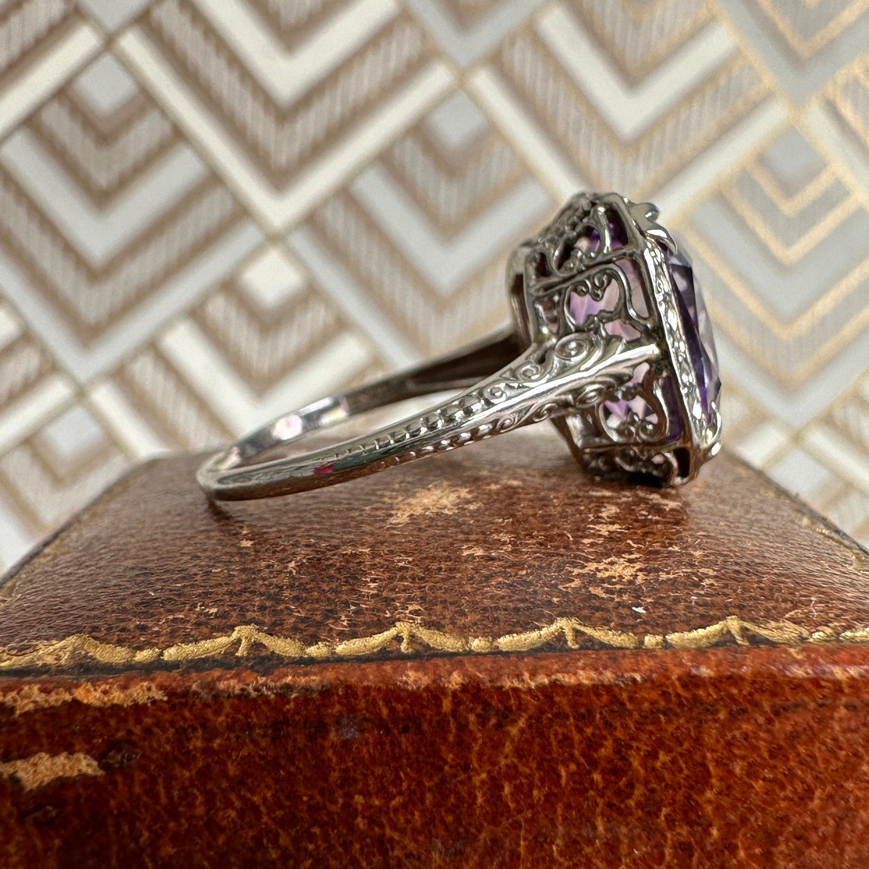 Edwardian Amethyst Filigree 14K White Gold Ring 9