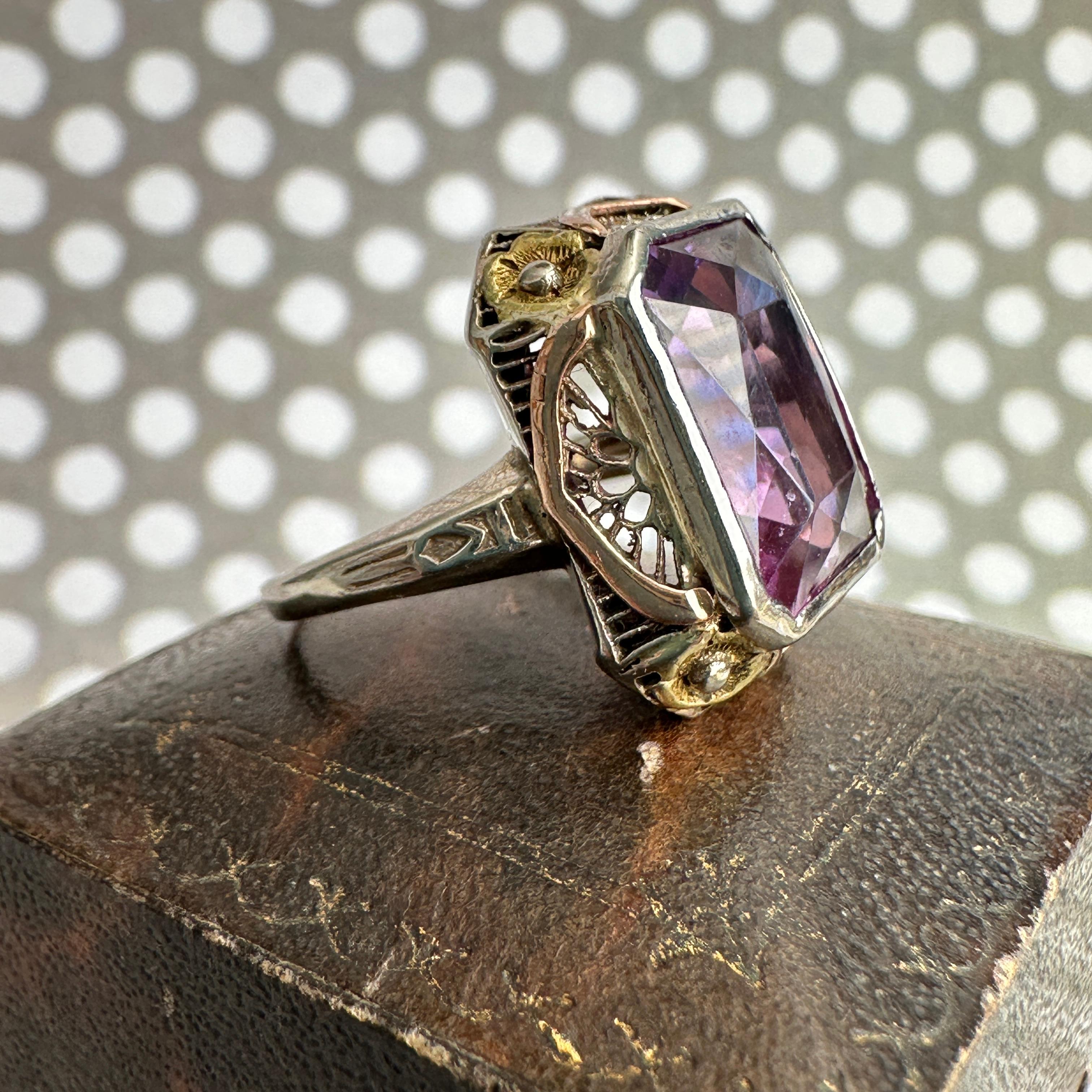 Edwardian Amethyst Pansy 14K Gold Filigree Ring 5