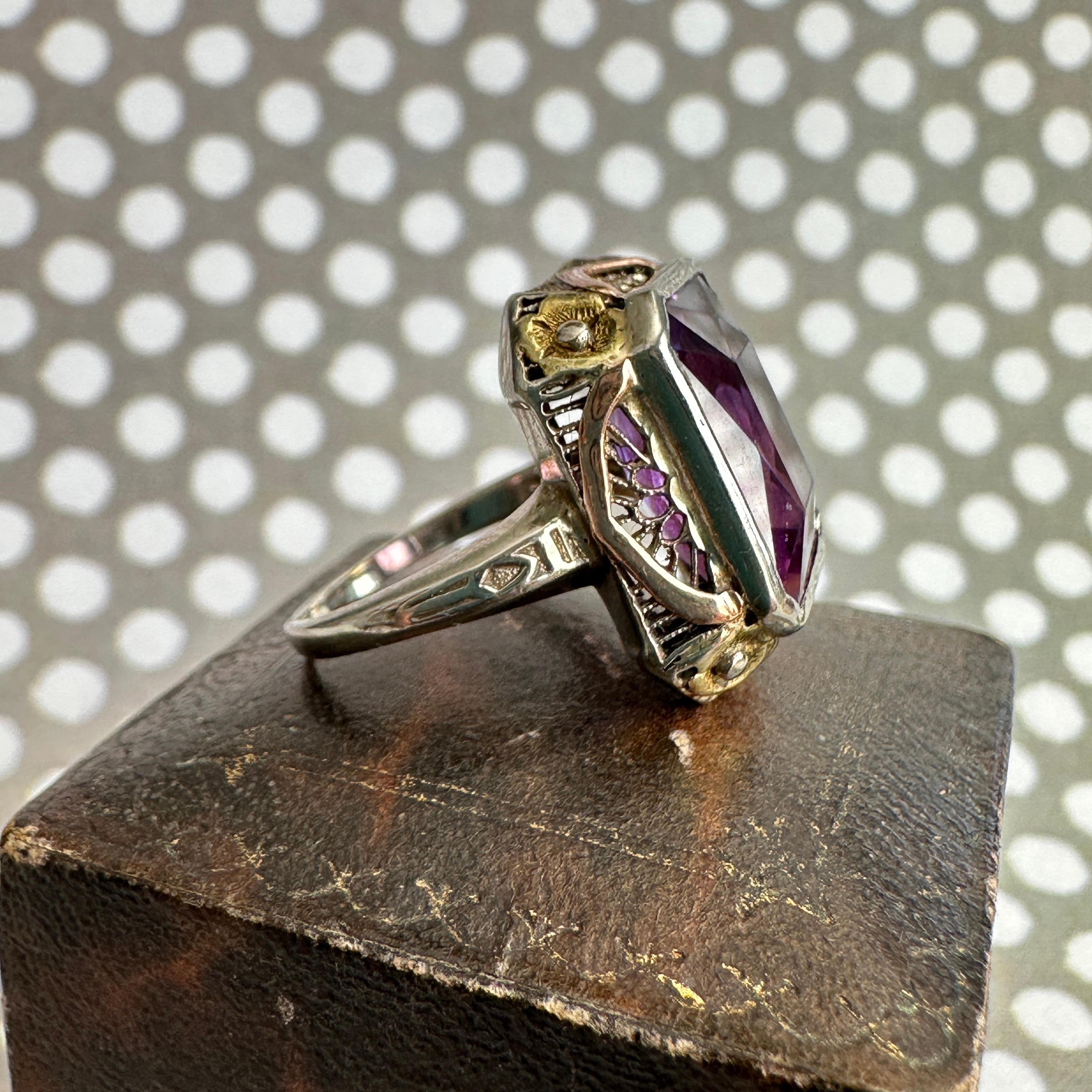 Edwardian Amethyst Pansy 14K Gold Filigree Ring 6