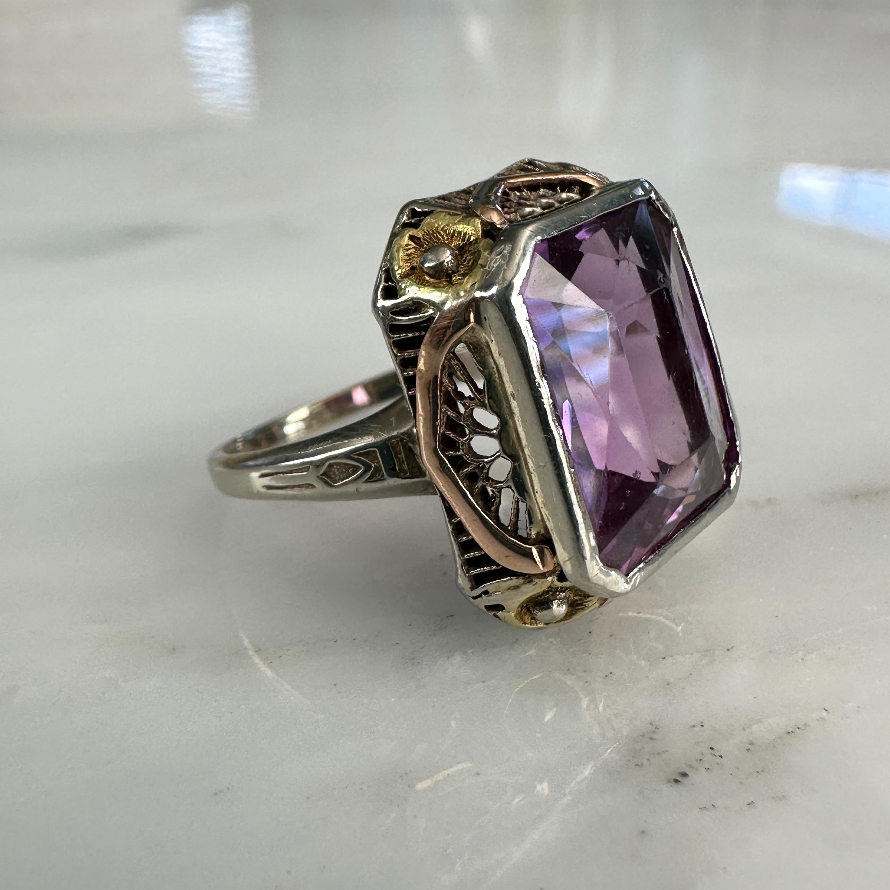 Edwardian Amethyst Pansy 14K Gold Filigree Ring 9