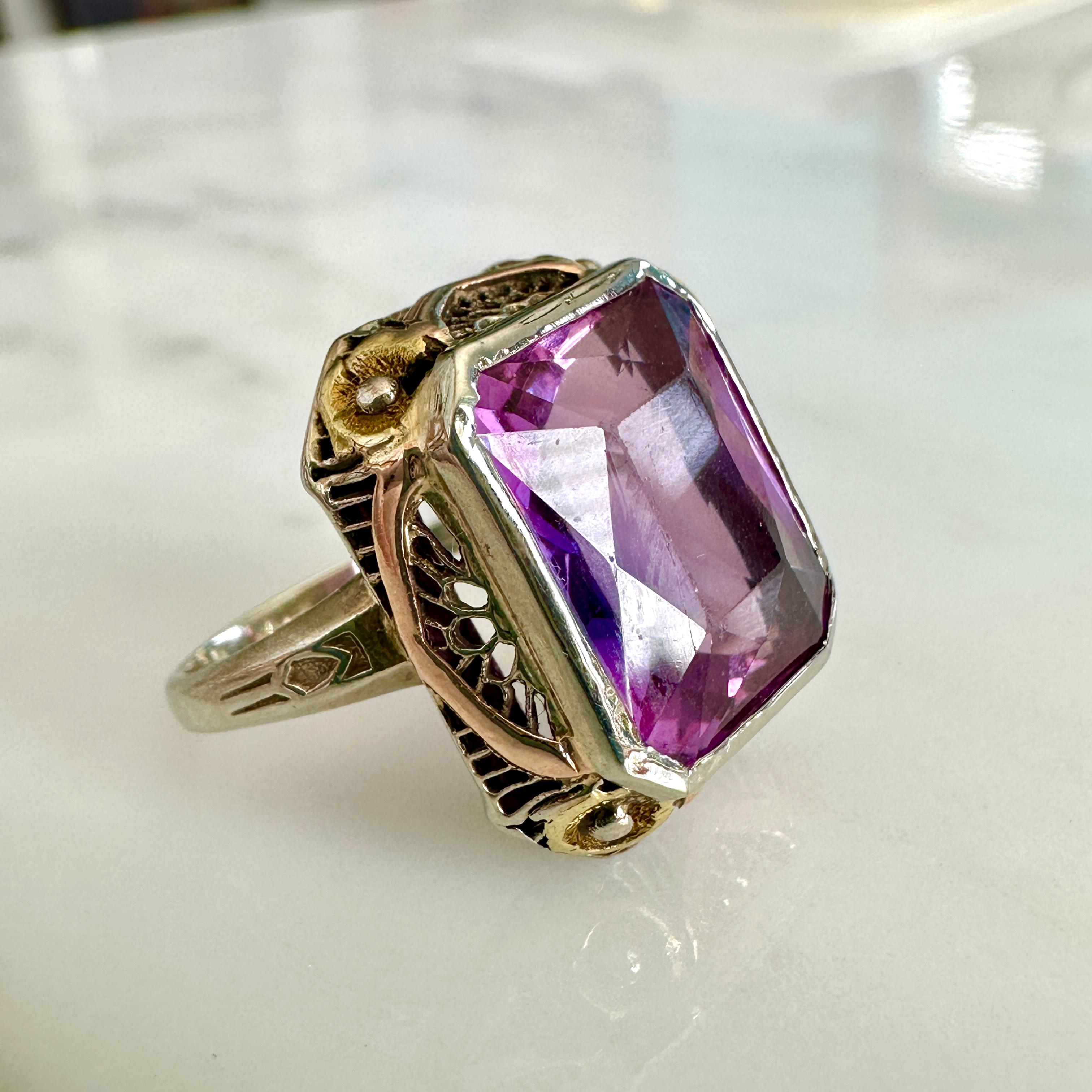 Edwardian Amethyst Pansy 14K Gold Filigree Ring 11