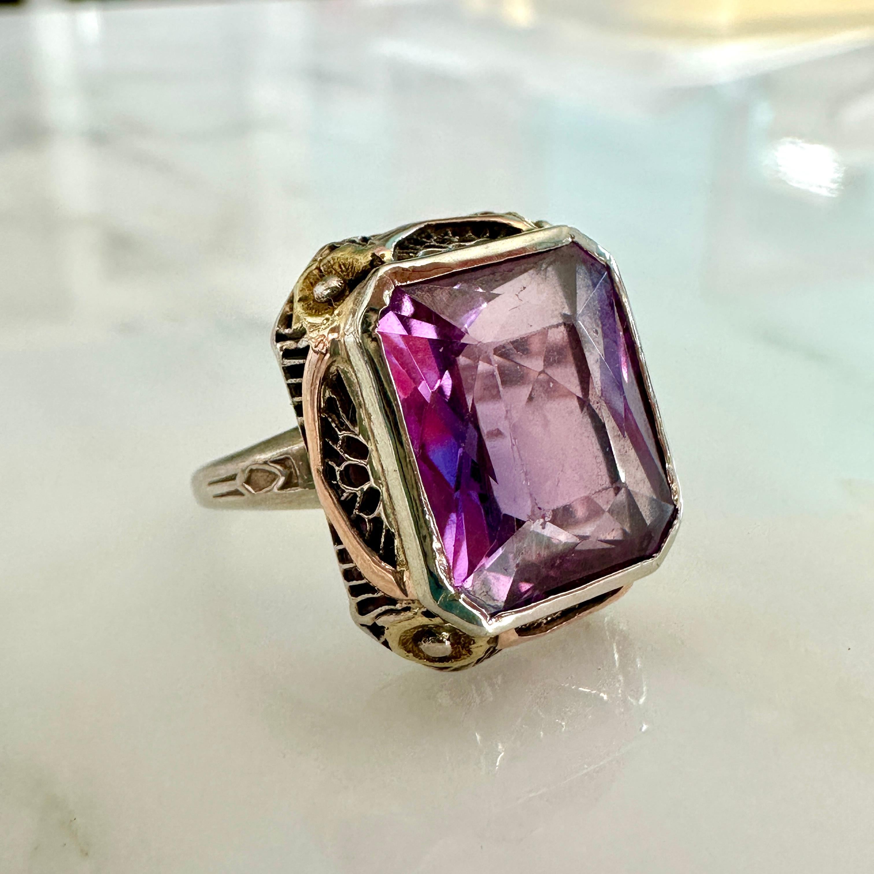 Edwardian Amethyst Pansy 14K Gold Filigree Ring 12