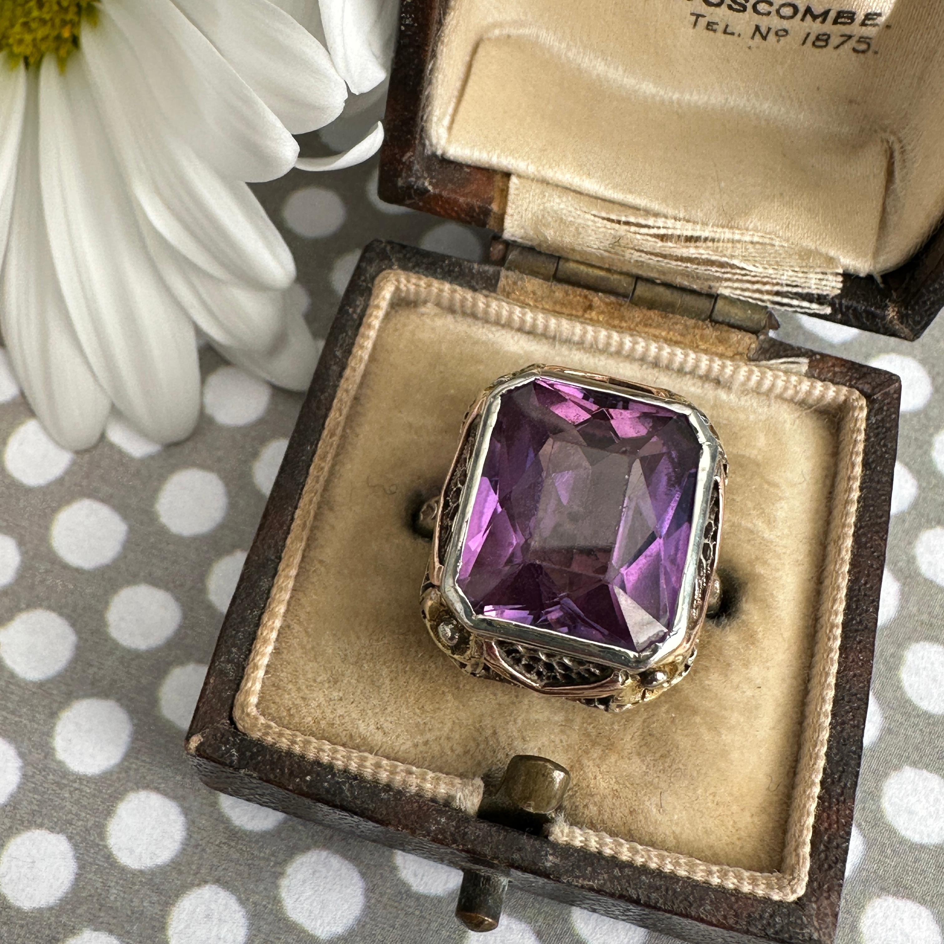 Cushion Cut Edwardian Amethyst Pansy 14K Gold Filigree Ring
