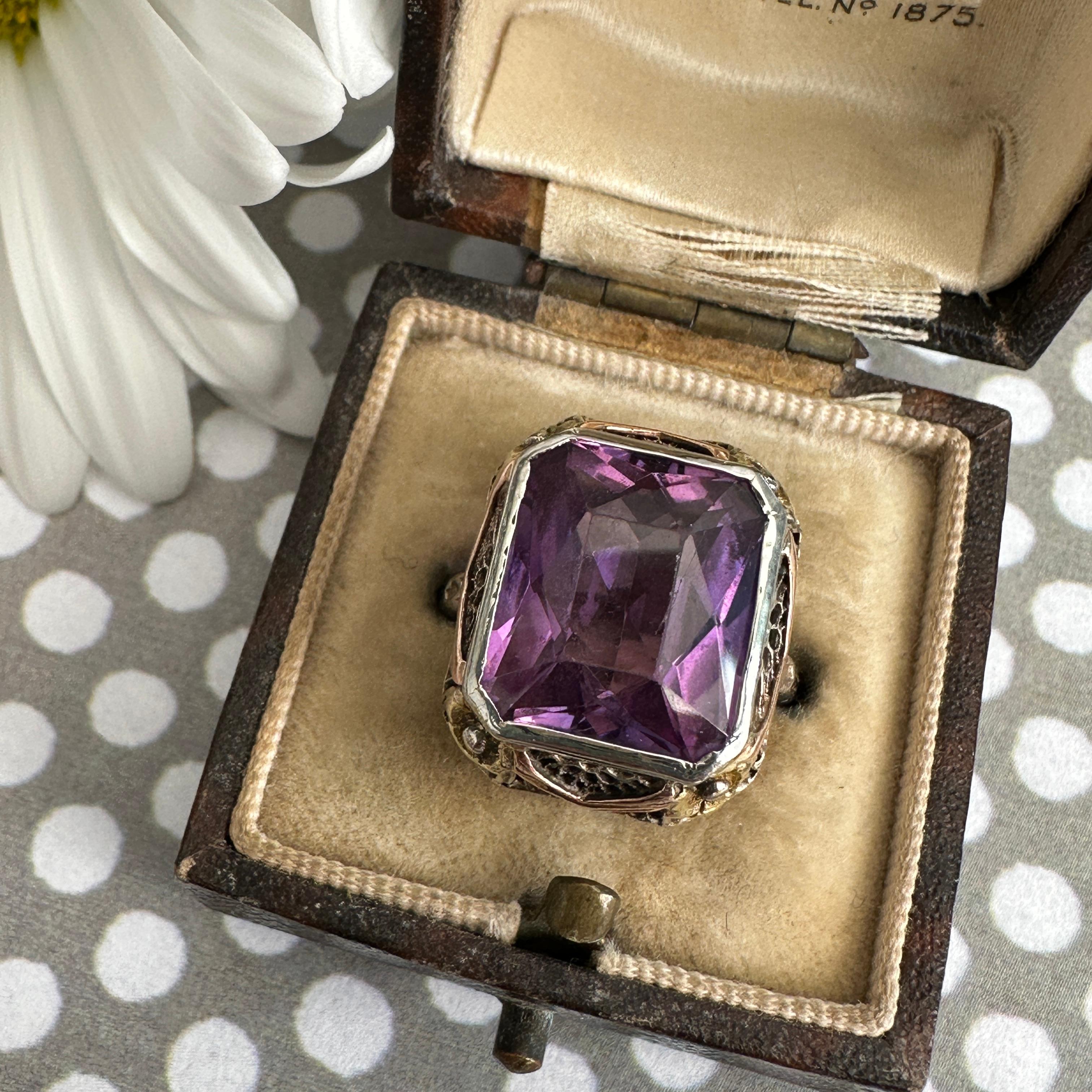 Edwardian Amethyst Pansy 14K Gold Filigree Ring 1