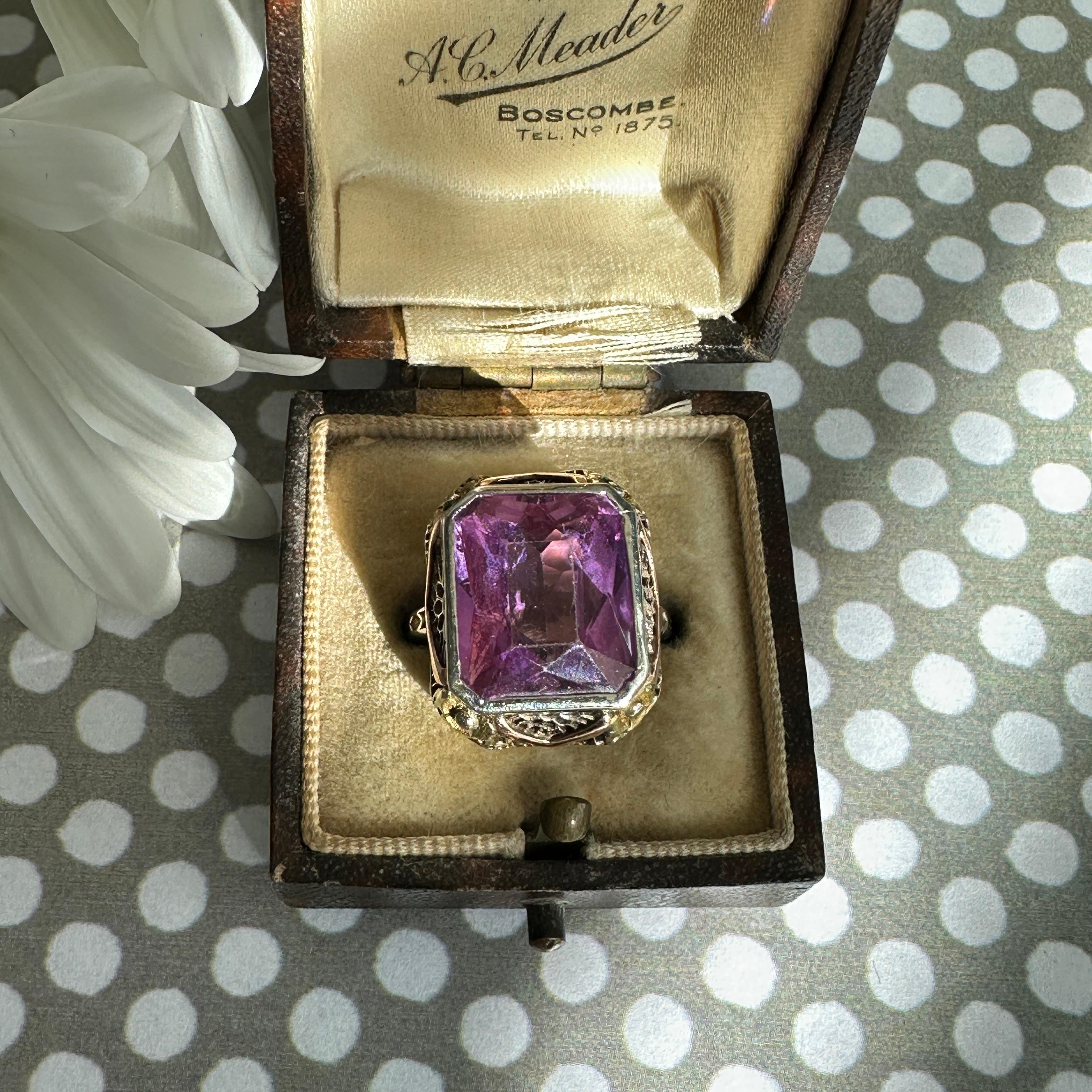 Edwardian Amethyst Pansy 14K Gold Filigree Ring 2