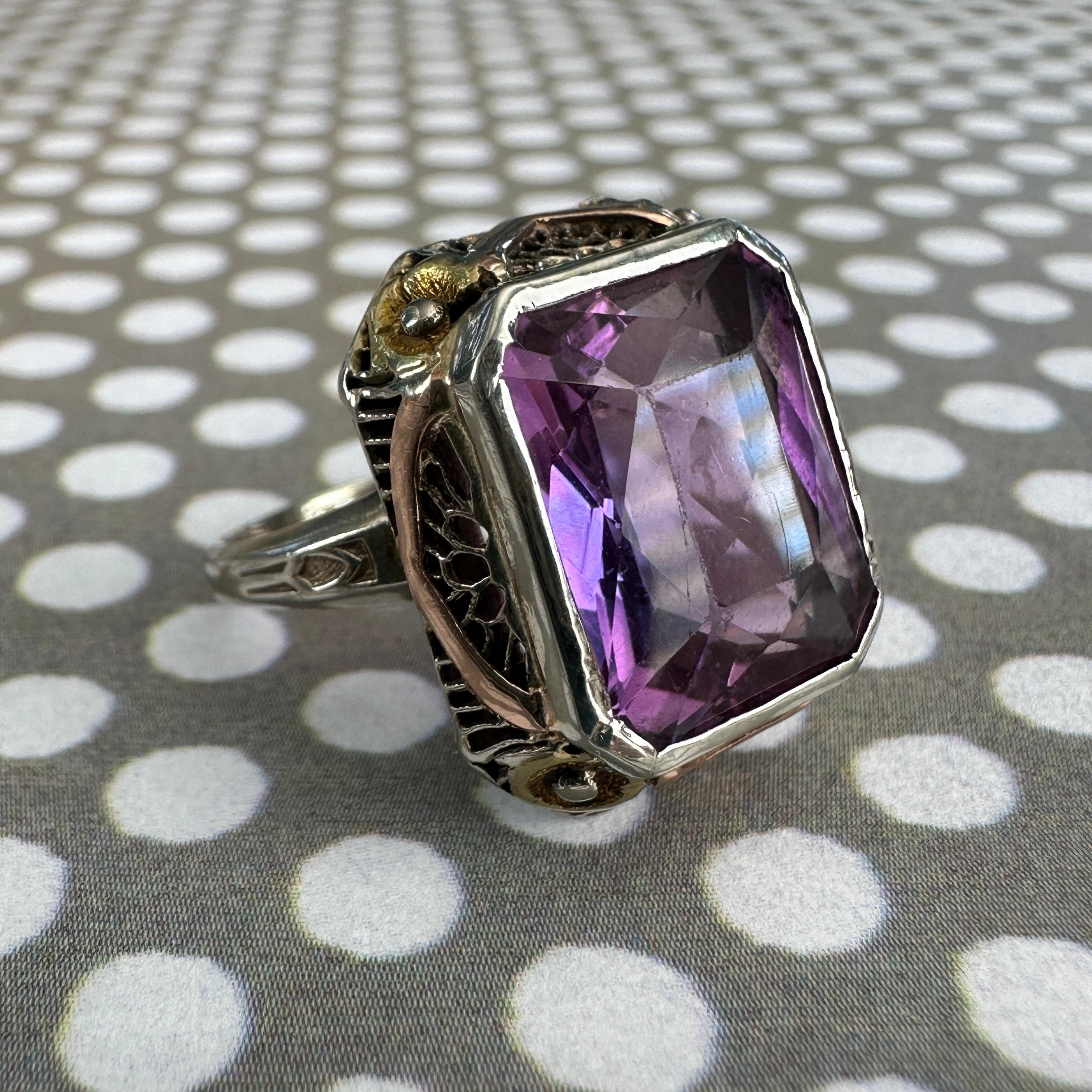 Edwardian Amethyst Pansy 14K Gold Filigree Ring 3