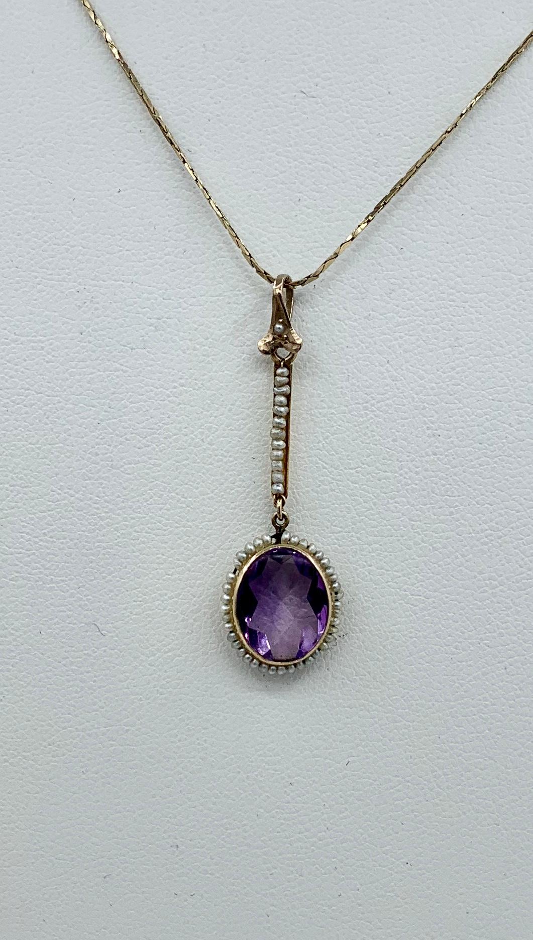 Edwardian Amethyst Pearl Lavaliere Pendant Antique Gold In Good Condition In New York, NY