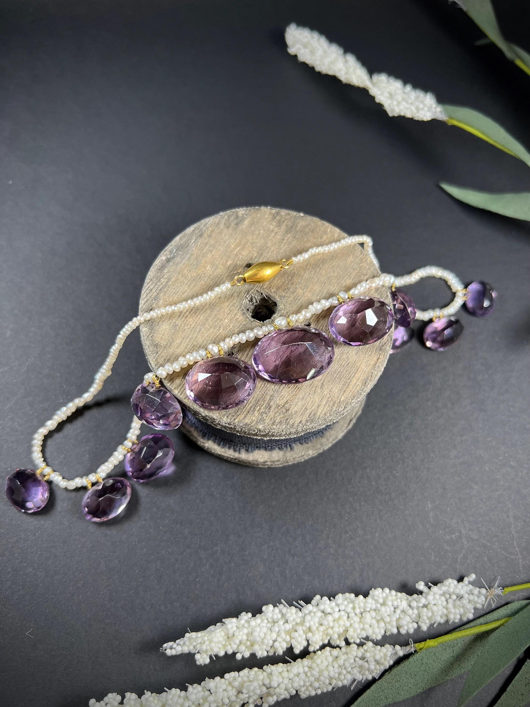 Edwardian Amethyst & Pearl Necklace 18ct Gold Clasp For Sale 5