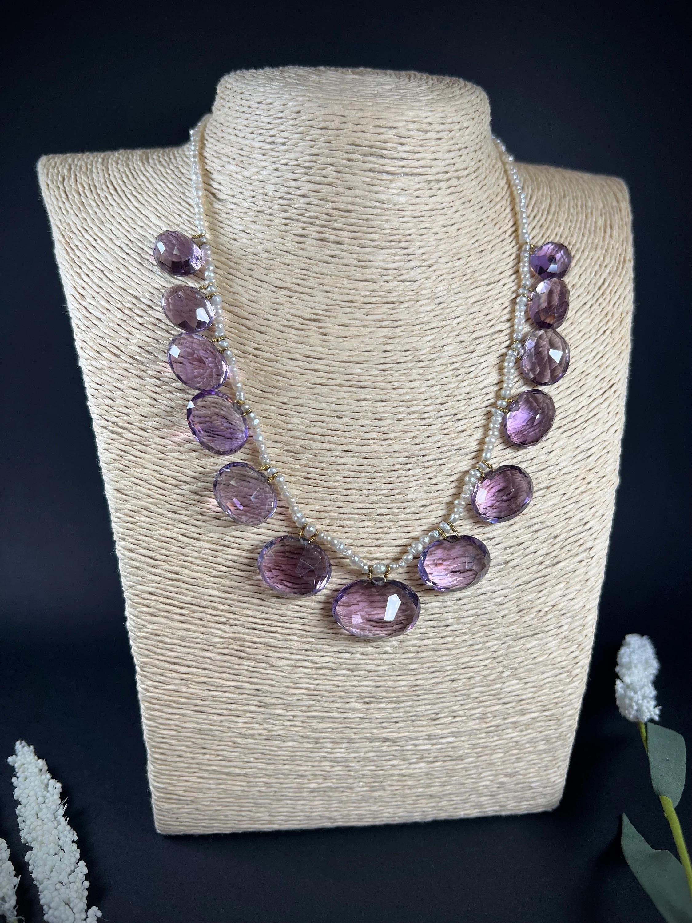 Oval Cut Edwardian Amethyst & Pearl Necklace 18ct Gold Clasp For Sale
