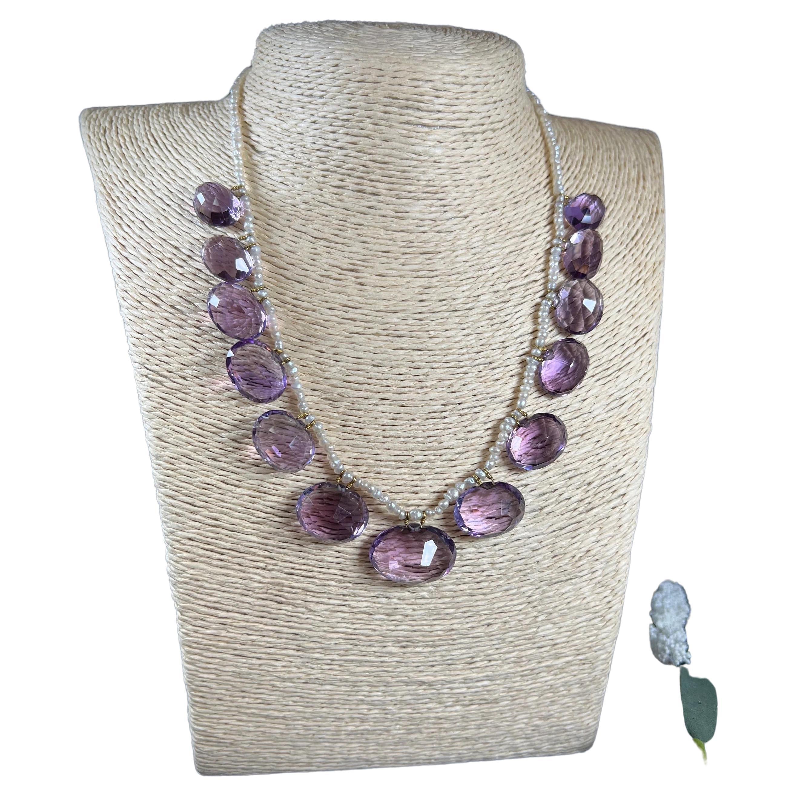 Edwardian Amethyst & Pearl Necklace 18ct Gold Clasp For Sale