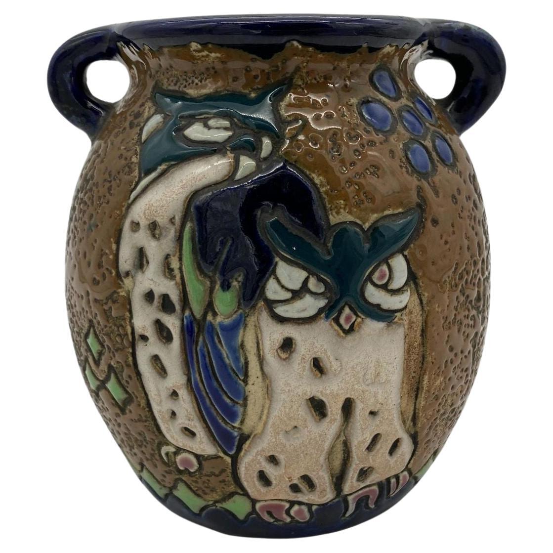 Edwardian Amphora Austria "Campina" Owl Pottery Vase For Sale