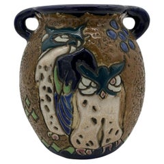 Antique Edwardian Amphora Austria "Campina" Owl Pottery Vase