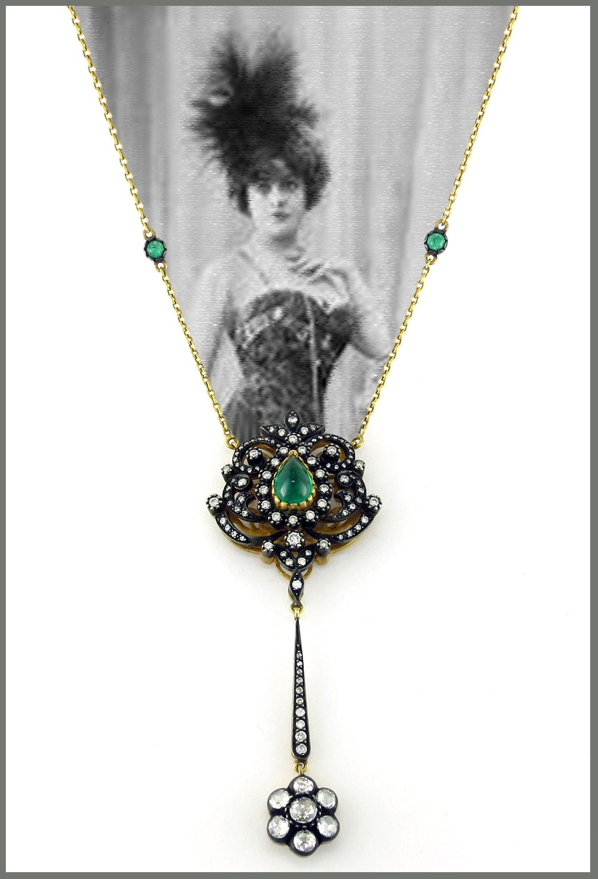 Edwardian Inspired Cabochon Emerald and Rose Cut Diamond Necklace In New Condition For Sale In Granada Hills, CA